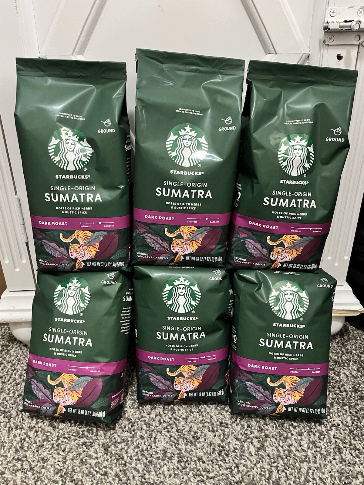 6 Bags Starbucks Sumatra Dark Roast Ground 6.75LB Coffee LOT 18 Oz each bag drip