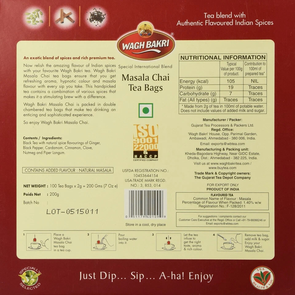 WaghBakri Masala Chai Tea Bags 100 Ct Authentic Indian Spice Tea Free usa shipr