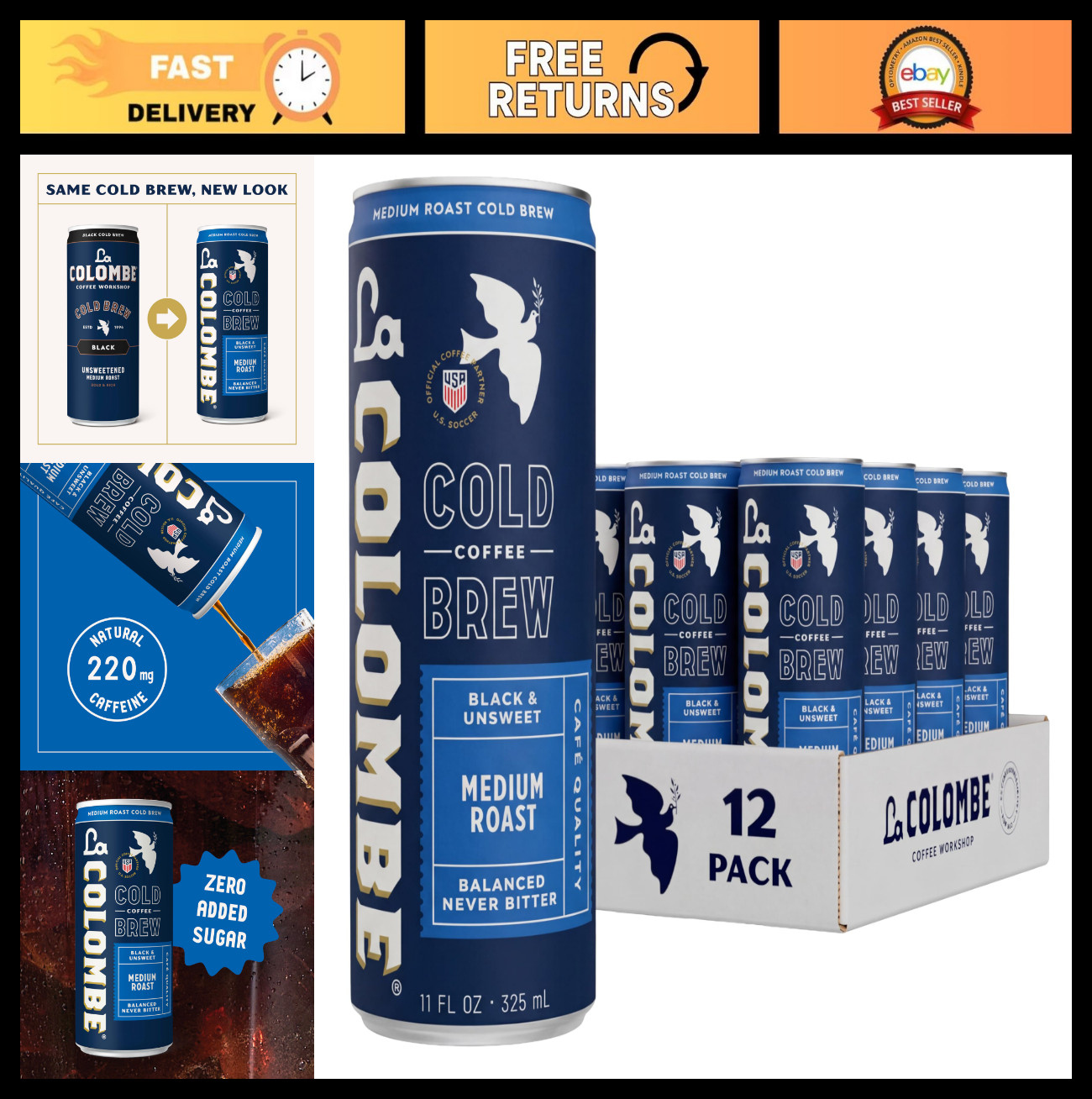 Cold Brew Coffee, Unsweetened Black, 11 fl oz Cans (Pack of 12) – Ready-to-Drink