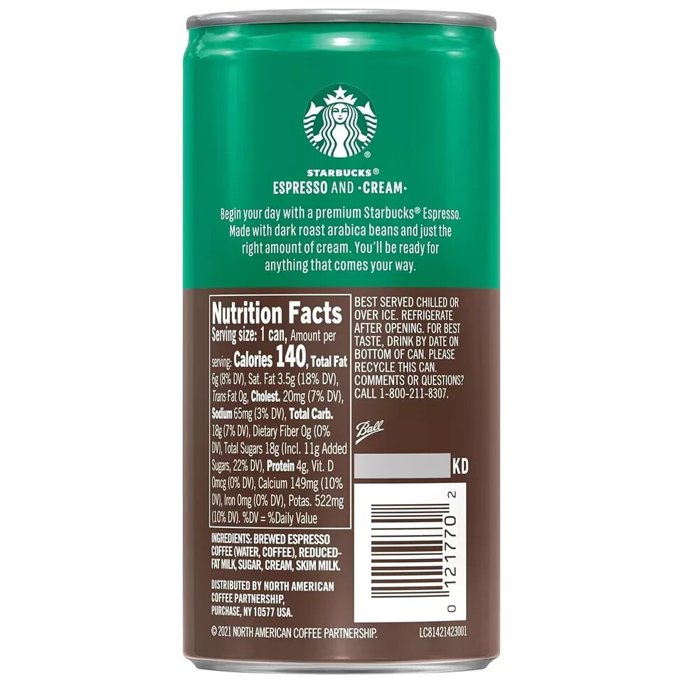 Starbucks Ready to Drink Coffee, Espresso & Cream, 6.5oz Cans (12 Pack)