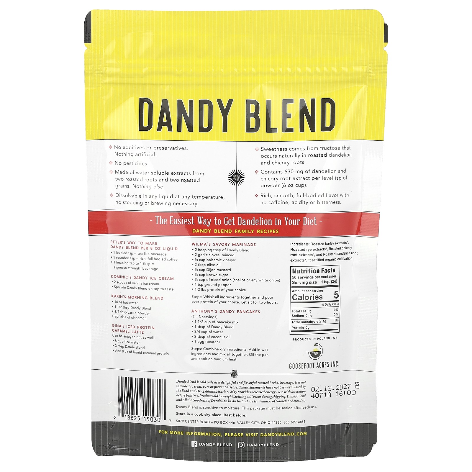 Organic Instant Herbal Beverage with Dandelion, Caffeine Free, 3.53 oz (100 g)