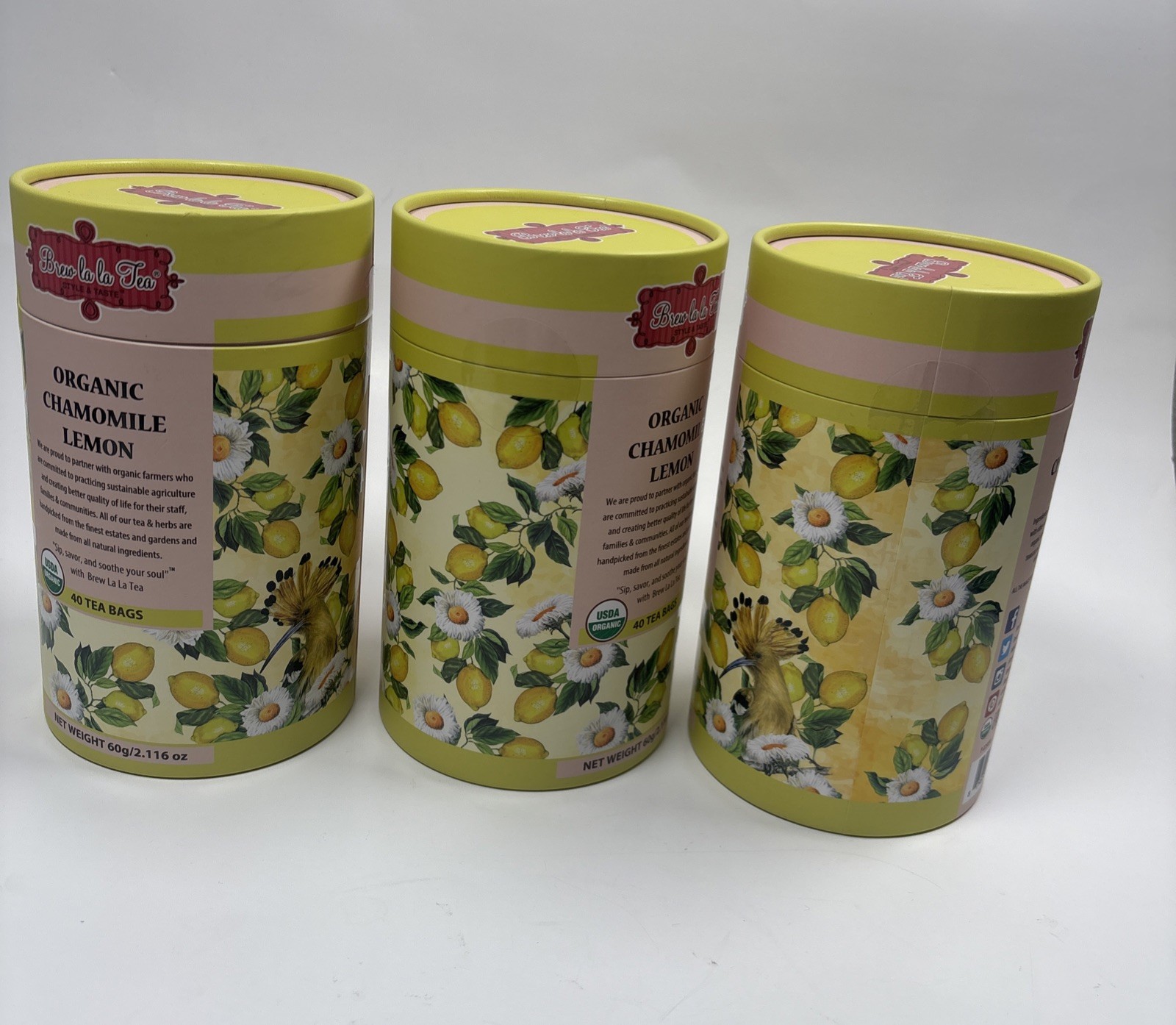 BREW LA LA 🫖 ORGANIC CHAMOMILE LEMON GREEN TEA 🫖 3 Containers = 120 Tea Bags