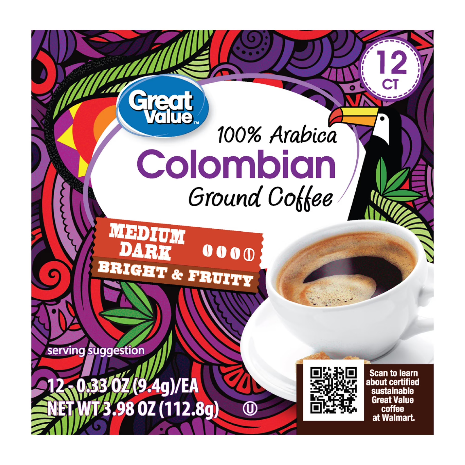 4x Great Value 100% Arabica Colombian Medium Dark Roast Ground Coffee Pods 12 Ct