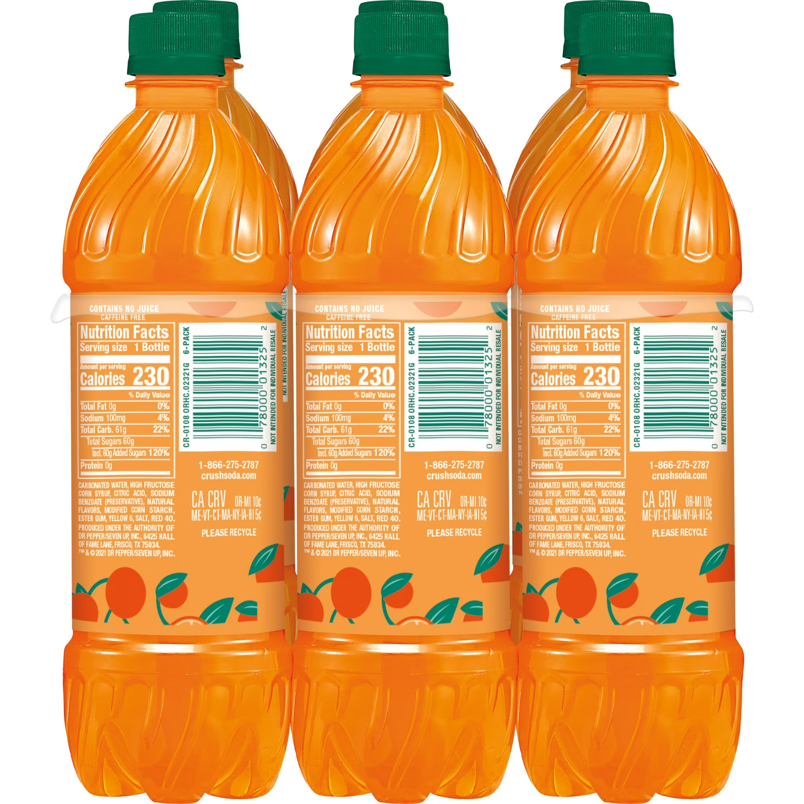 Crush Caffeine Free Orange Soda Pop, 16.9 fl oz, 6 Pack Bottles-free shipping