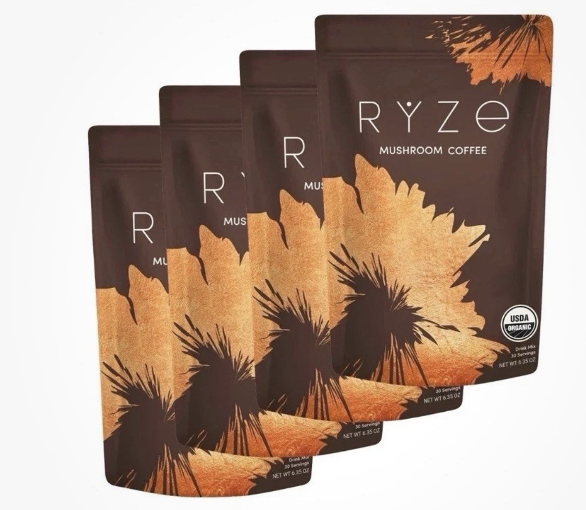 RYZE Mushroom Coffee Drink Mix, USDA Organic, 4-Pack 30 Servings 6.35 oz
