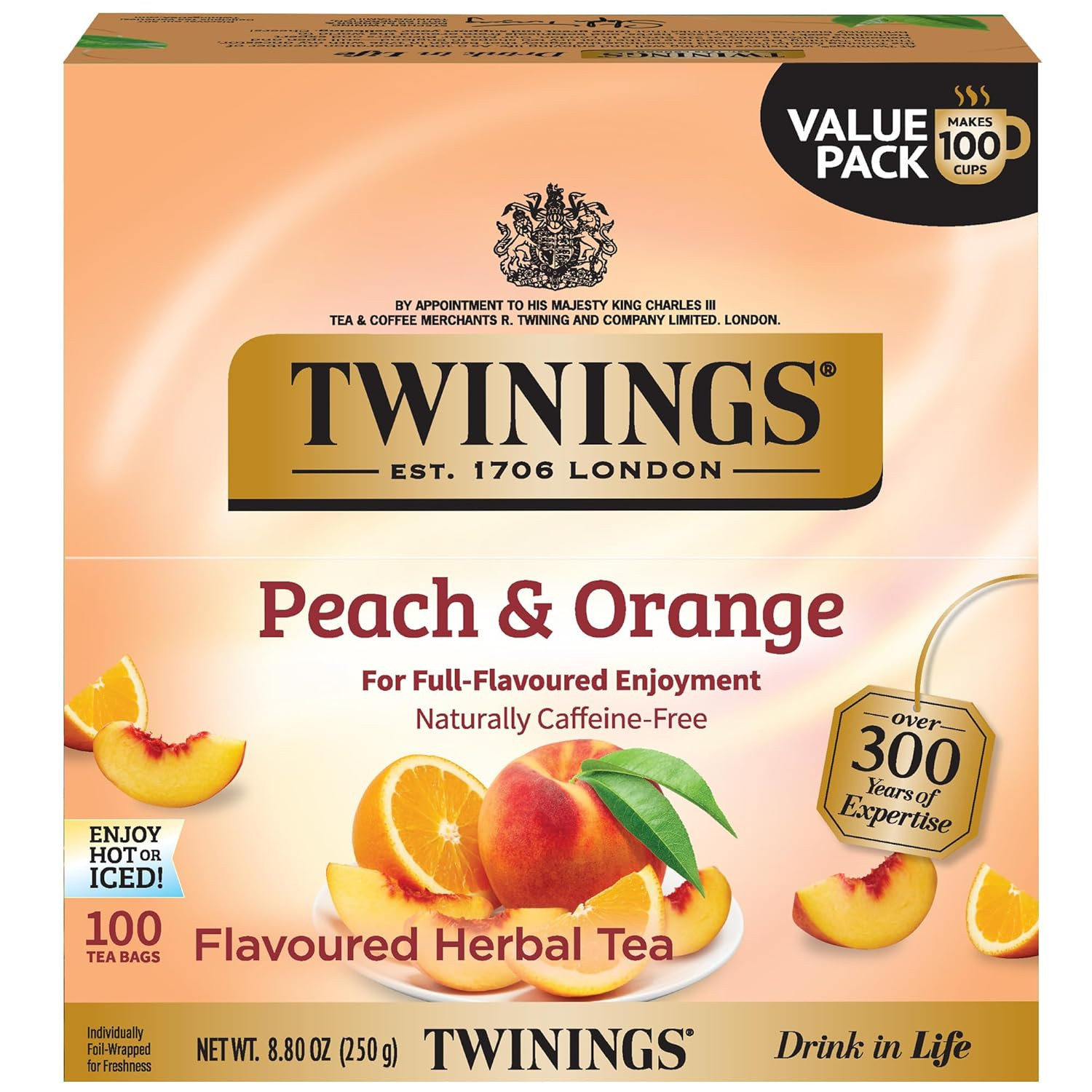Twinings Peach & Orange Herbal Tea Individually Wrapped Bags, 100 Count (Pack of