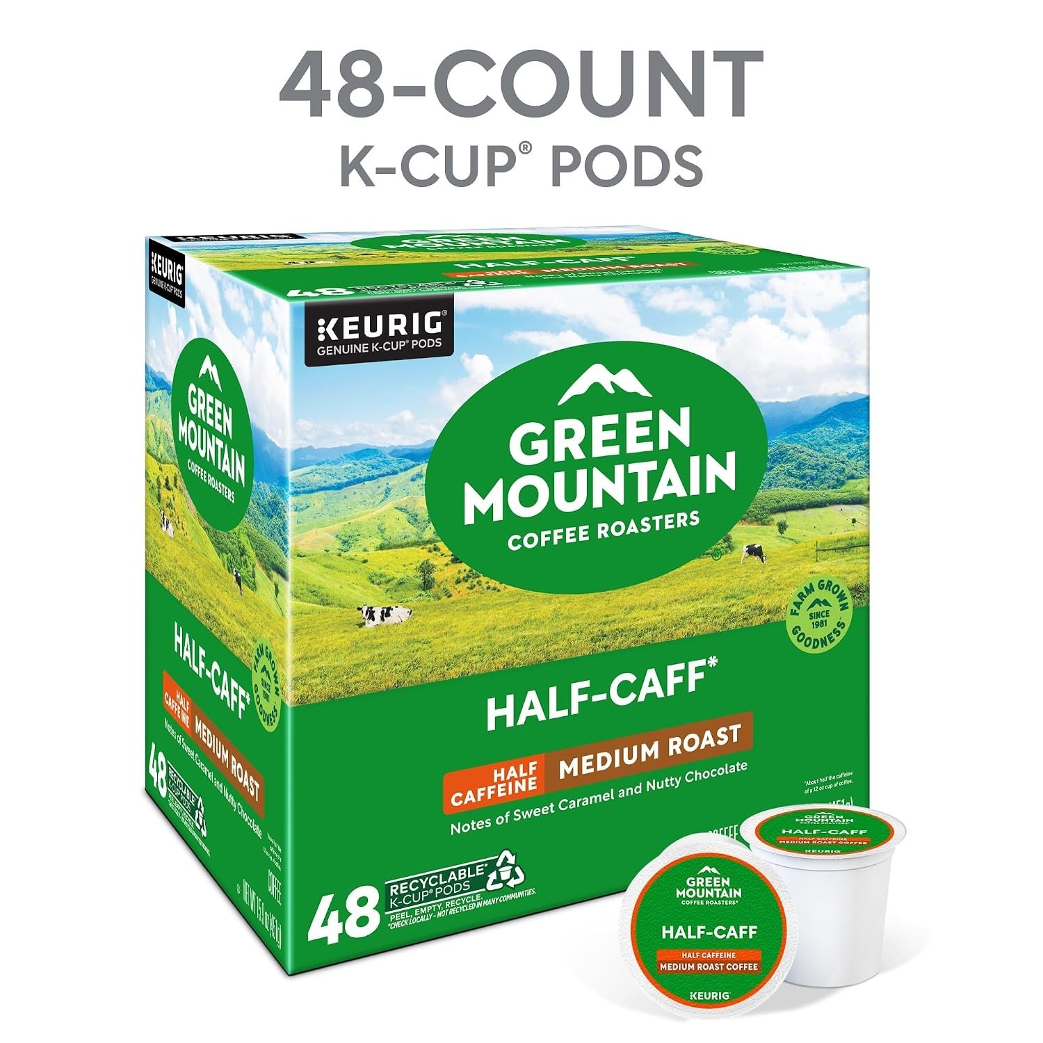 Green Mountain Coffee Half-Caff, Keurig K-Cup Pod, Medium Roast, 48 Count