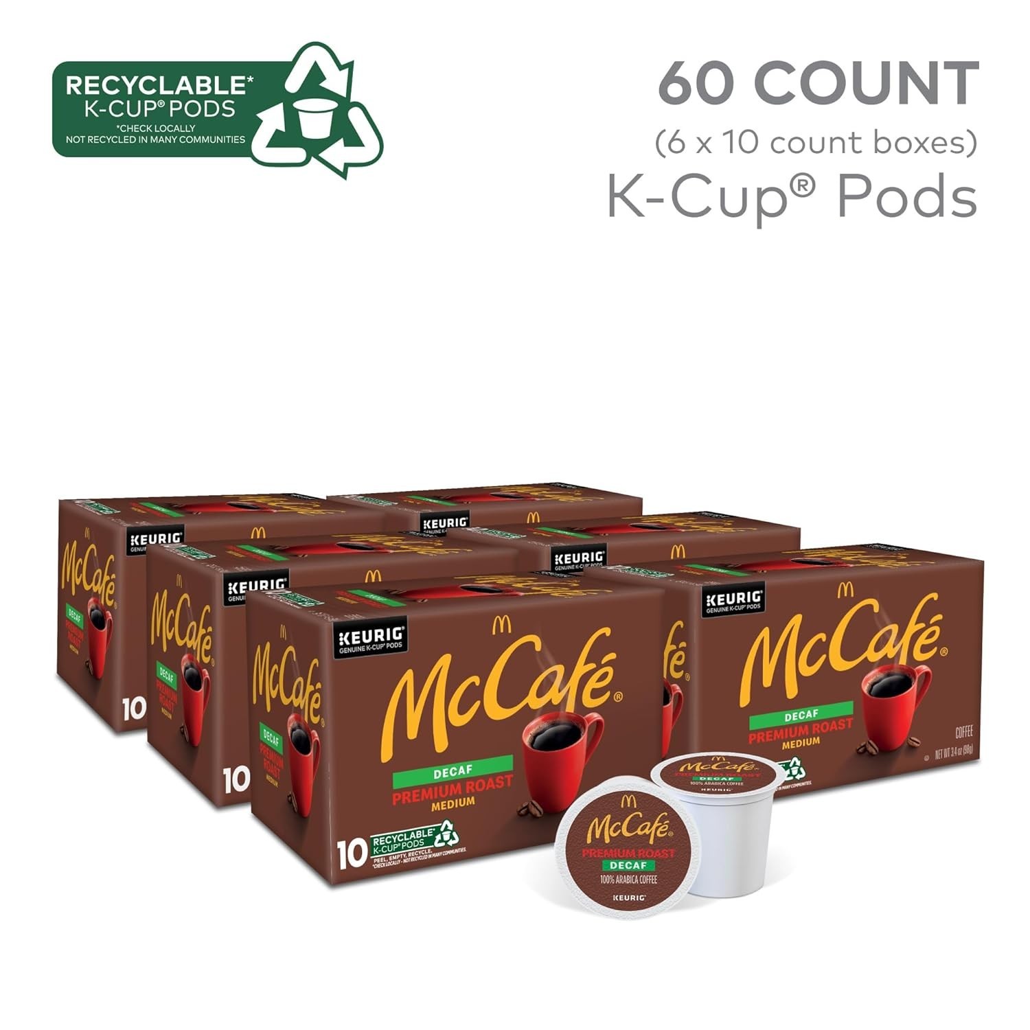 McCafe Premium Roast Decaf Coffee, Single Serve Keurig K-Cup Pods, 6 Packs of 10