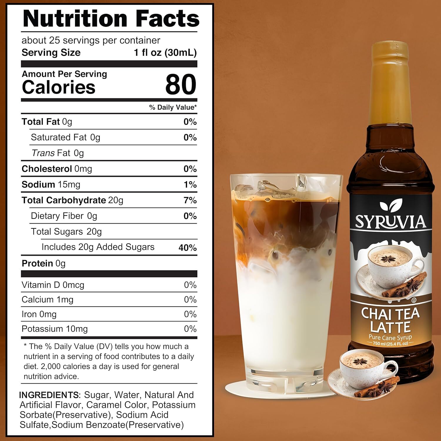 Syruvia Chai Tea Syrup 25.4 fl oz, Kosher, Gluten-Free for Coffee & More