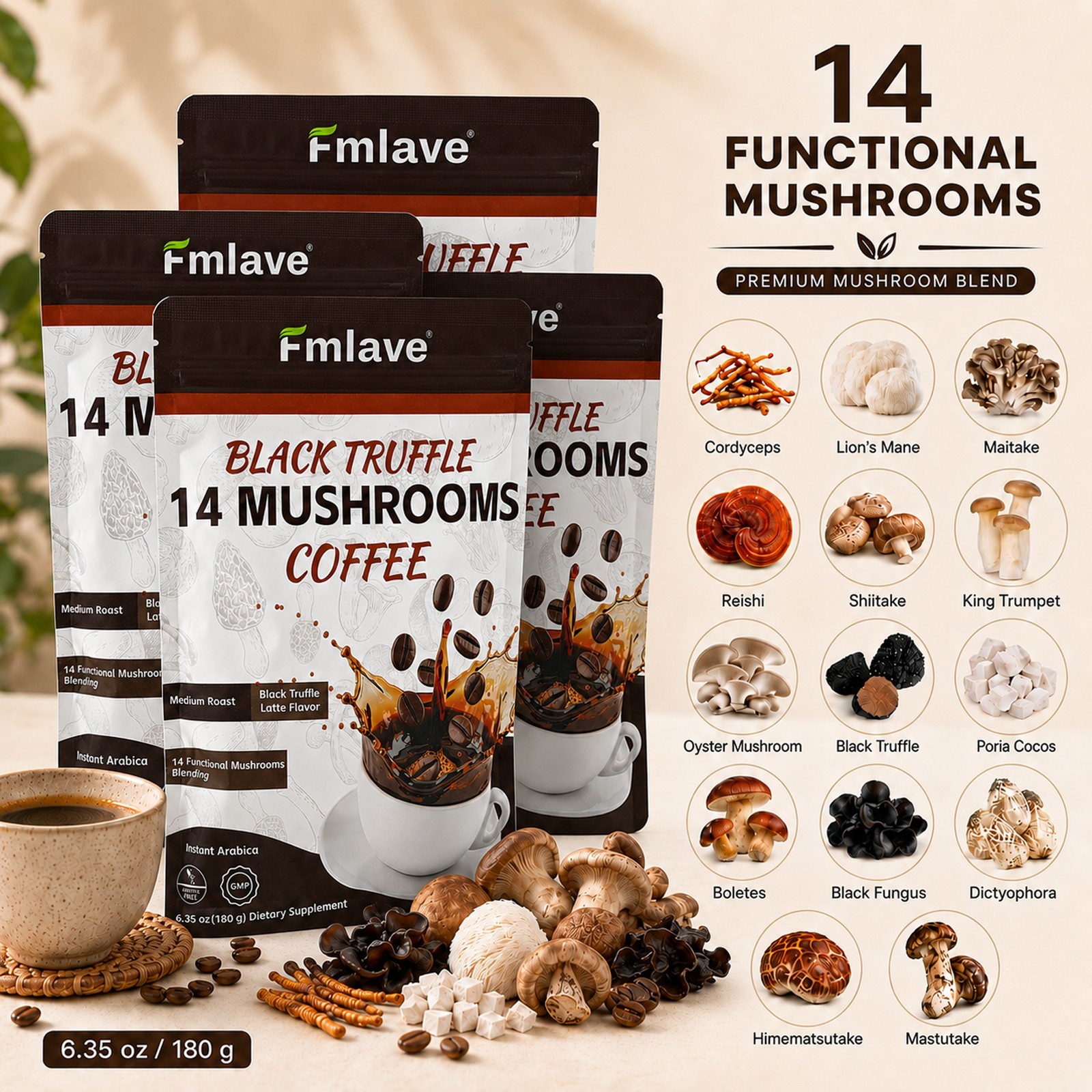 4pc Organic Mushroom Coffee 72 Servs – 14 Mushroom Blend for Focus, Energy Brain