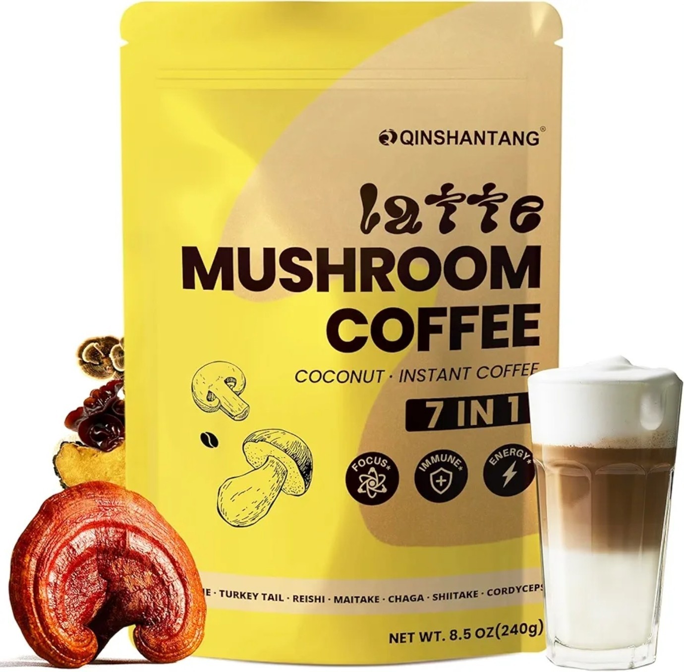Mushroom Coffee Organic Instant Coffee 7-in-1 Latte Powder Blend 30 Servings NEW