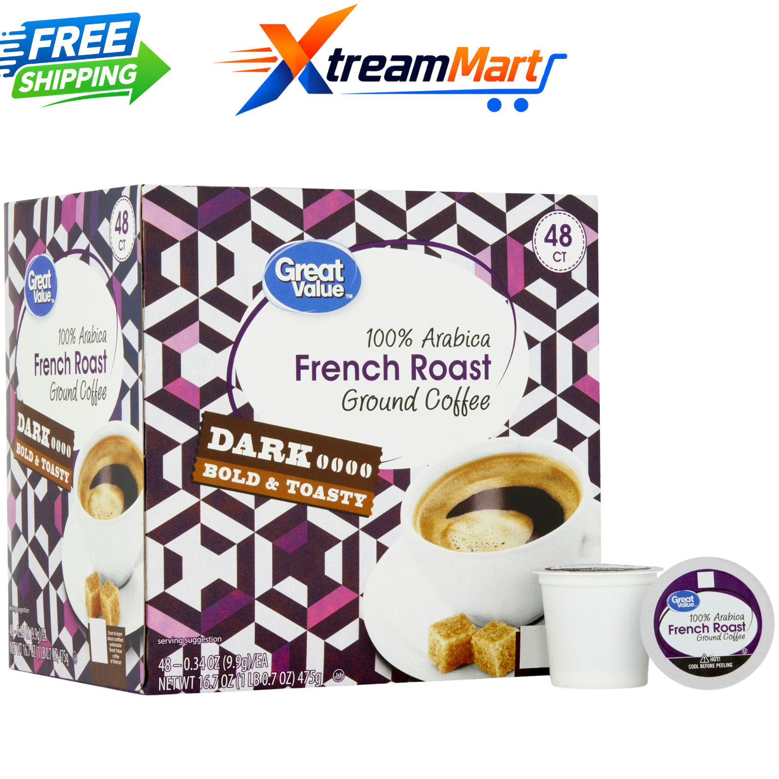 Great Value 100% Arabica French Dark Roast Ground Coffee Pods, 48 Count