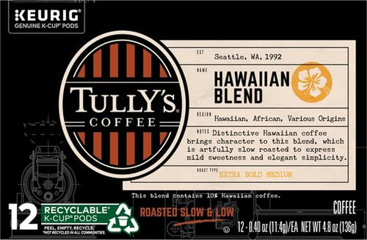 Tully’s Coffee Hawaiian Blend Keurig K-Cup Pods Single Serve Medium Roast-12pk