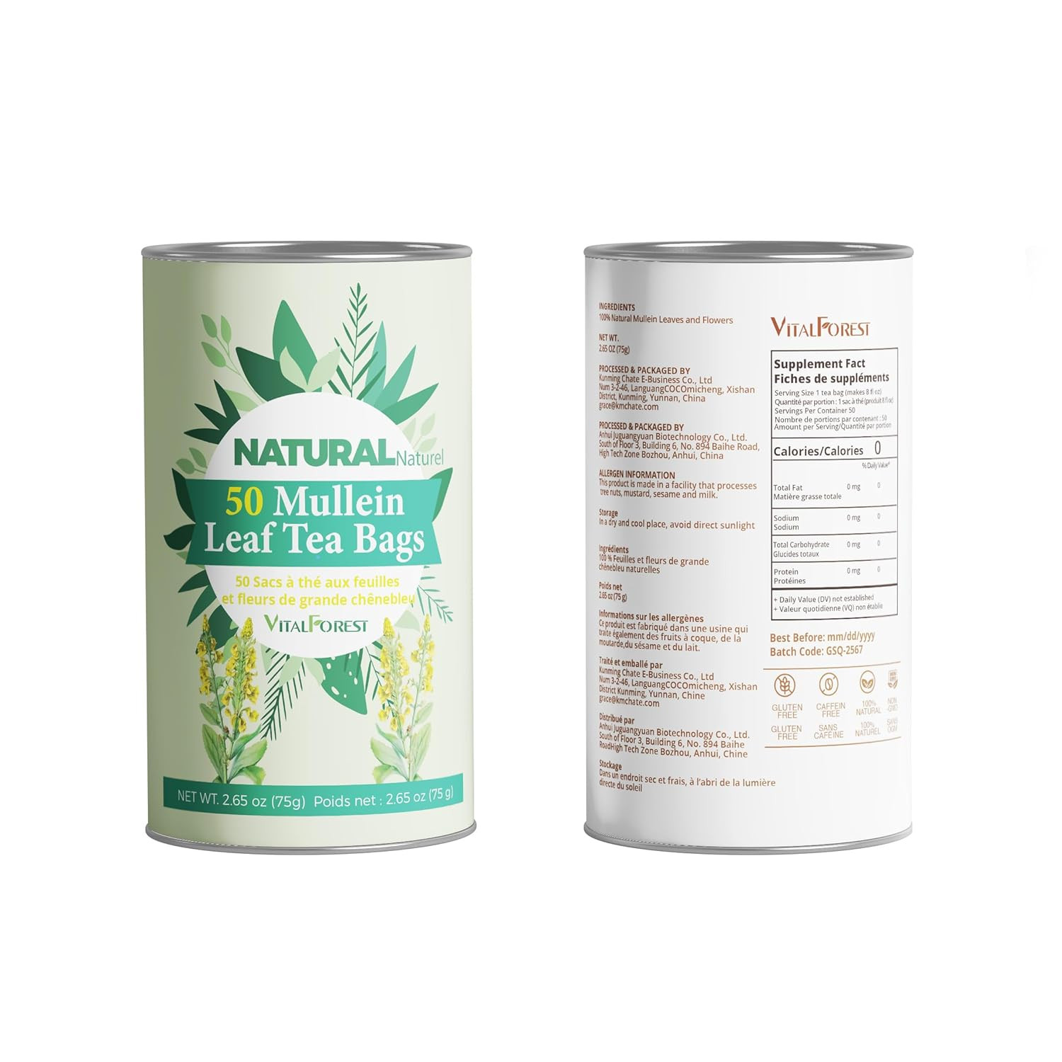 50 Mullein Tea Bags for Lungs, 100% Pure Mullein Leave Tea, Lung Detox Cleanse