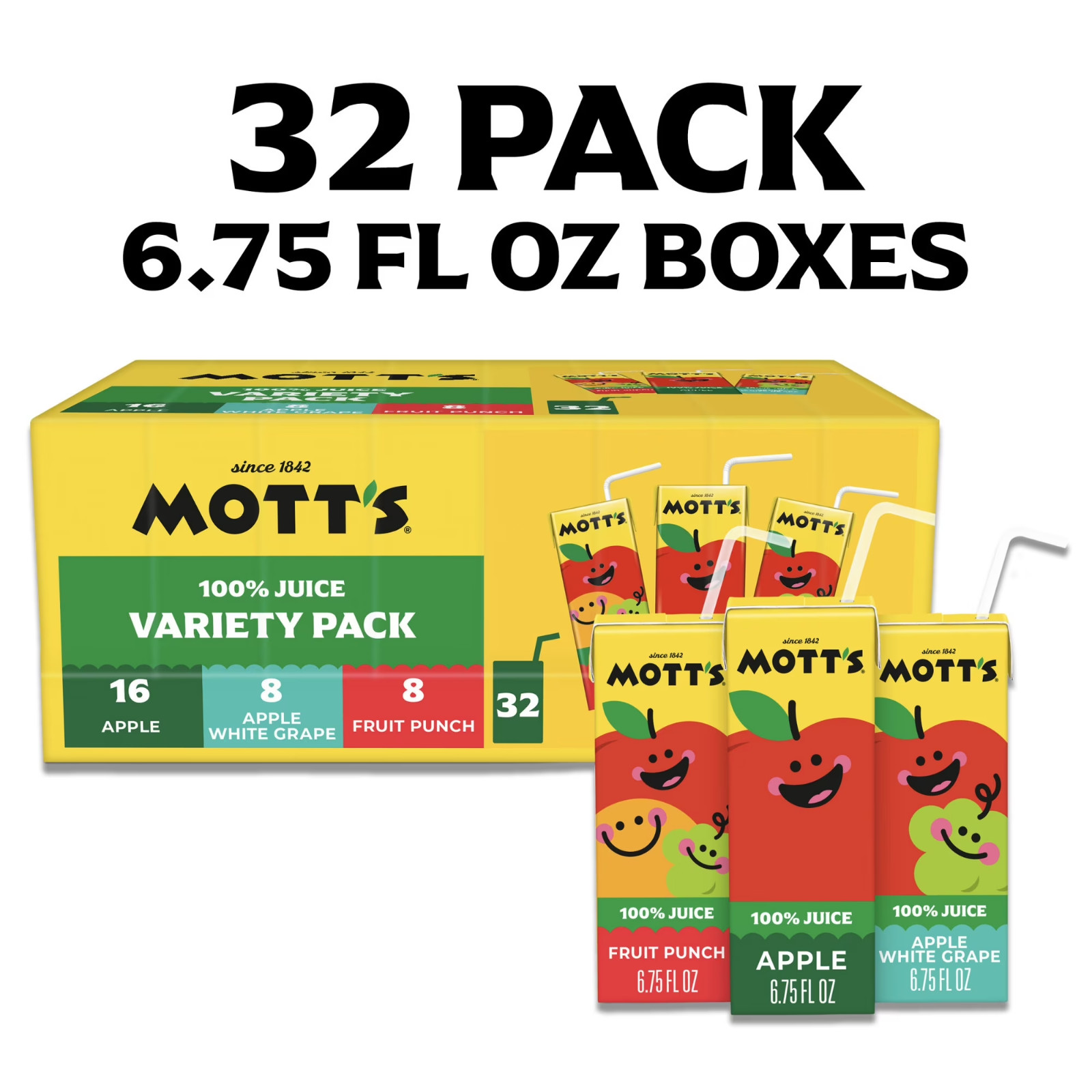 Mott’s 100% Apple Juice Variety Pack, 6.75 fl oz, 32 Count Boxes….
