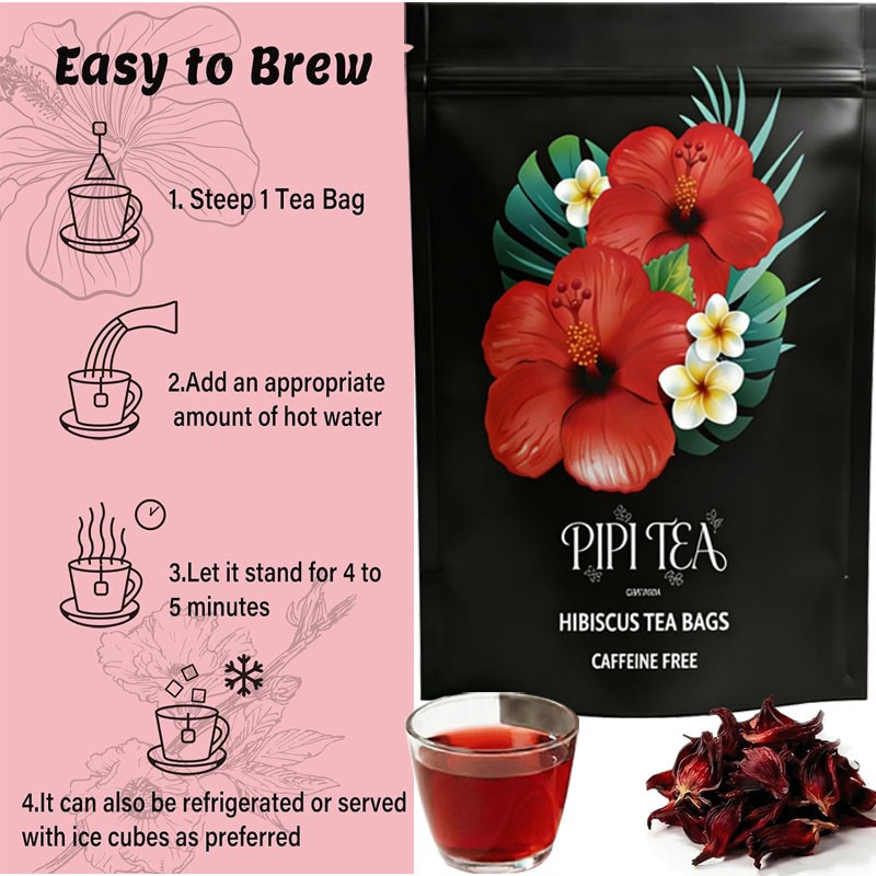 PiPi Tea Organic Hibiscus Tea Bags – Caffeine Free Herbal Tea Rich in Antioxi