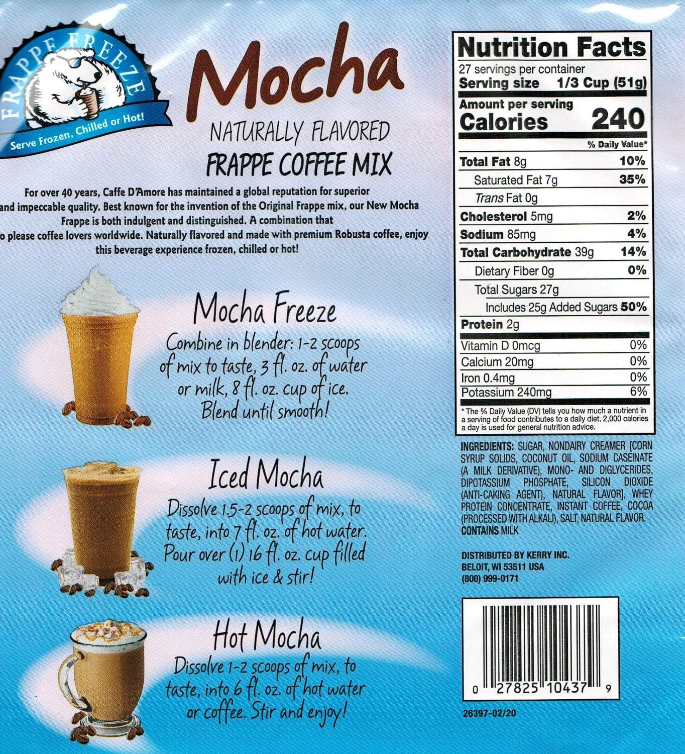 Frappe Freeze Coffee Mix Mocha 3 Lb Bag 27 Servings Medium Roast Iced or Blended