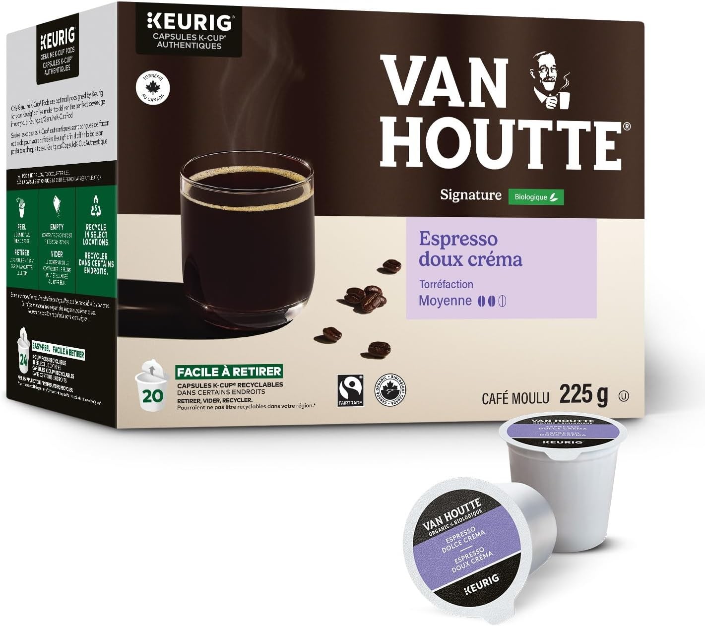 Van Houtte Espresso Dolce Crema Organic Fairtrade K-Cup Coffee Pods, 20 Count Fo