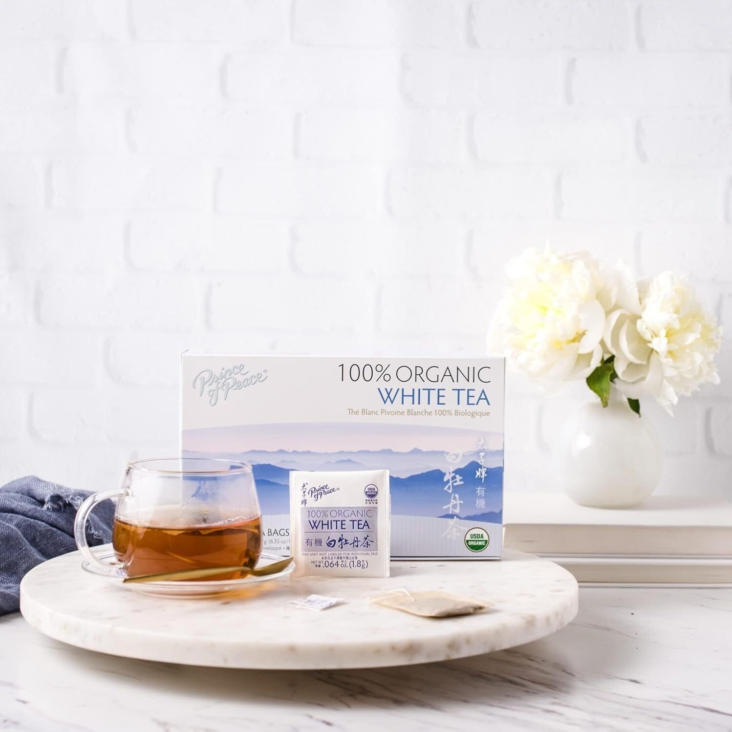 100% Organic White Tea, 100 Tea Bags Each Box -Prince of Peace