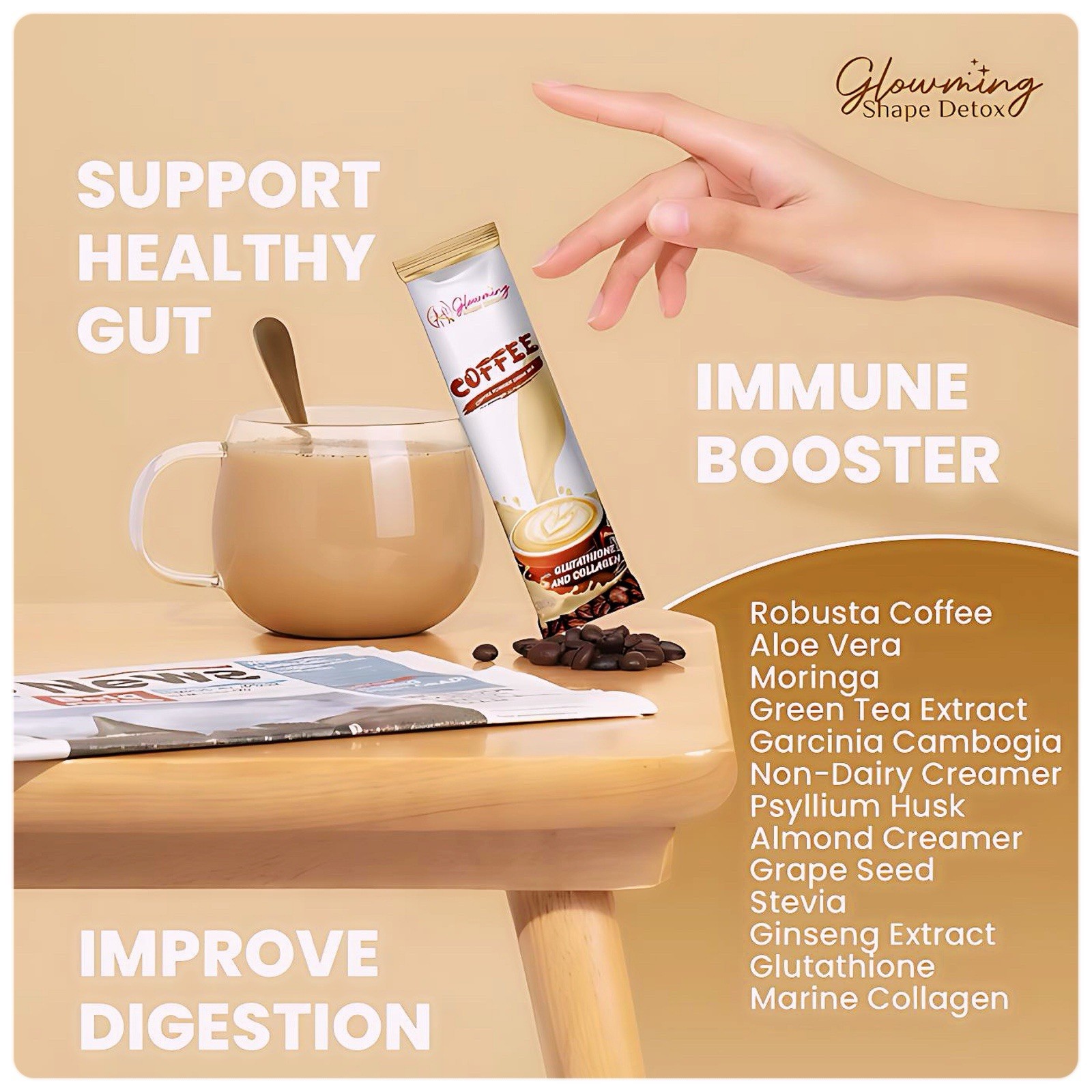 Glowming Café Coffee Drink Mix 200g Collagen Blend Sugar-Free Stevia