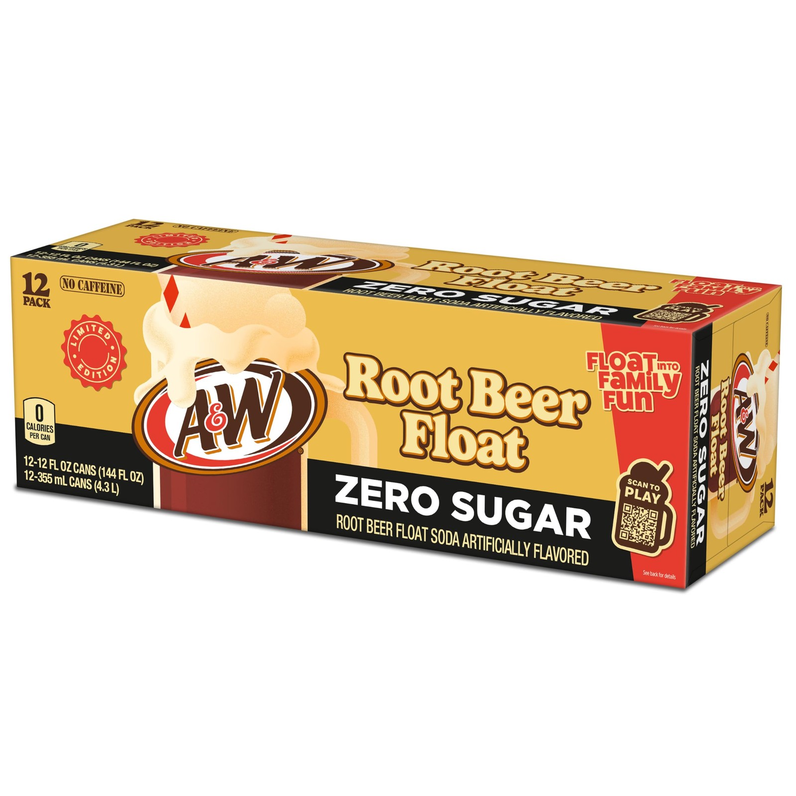A&W Root Beer Float Zero Sugar Soda, 12 fl oz, 12 Pack