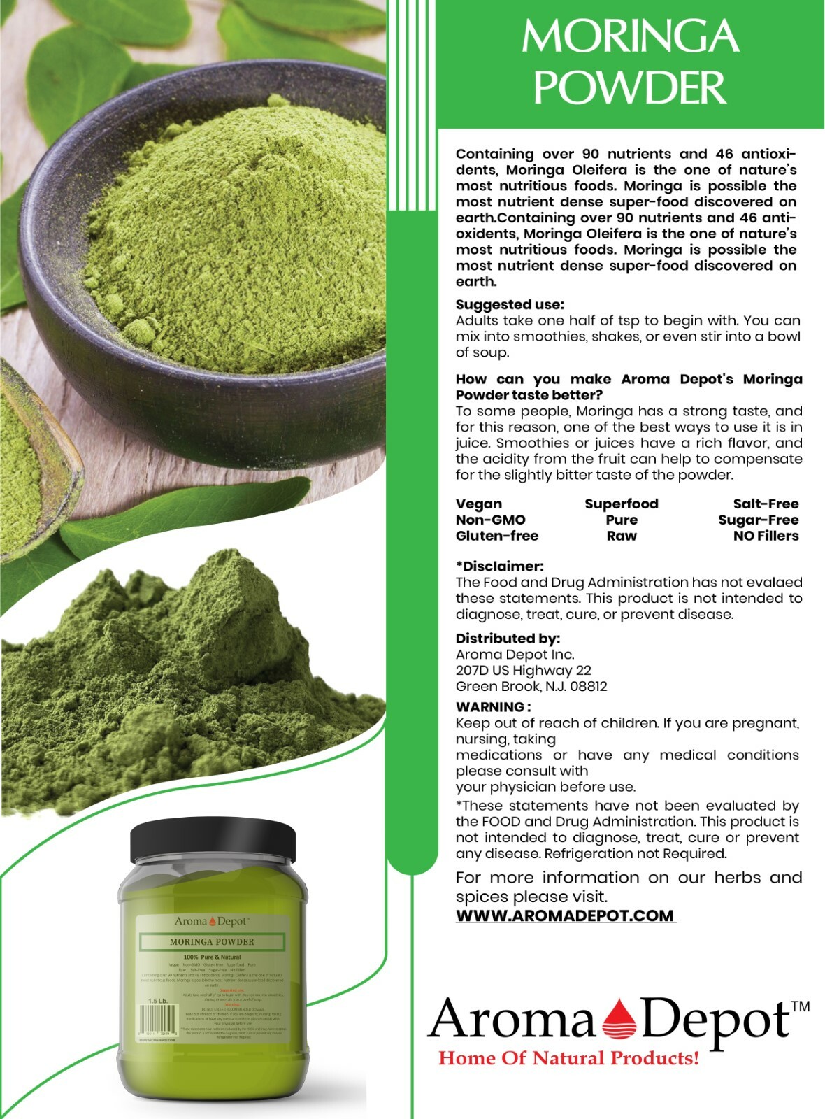 1lb Moringa oleifera Leaf Powder 100% Pure Natural Superfood Gluten Free