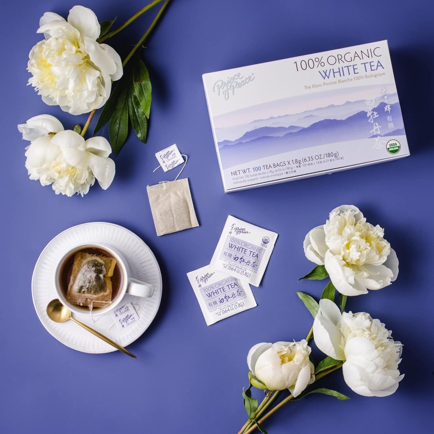 100% Organic White Tea, 100 Tea Bags Each Box -Prince of Peace