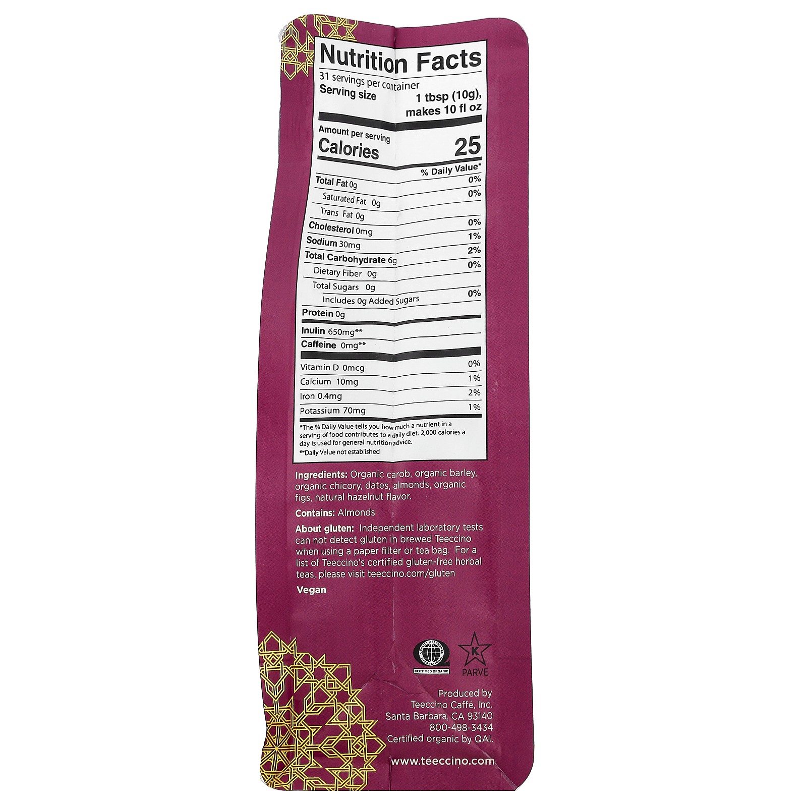 Chicory Herbal Coffee, Hazelnut, Medium Roast, Caffeine Free, 11 oz (312 g)