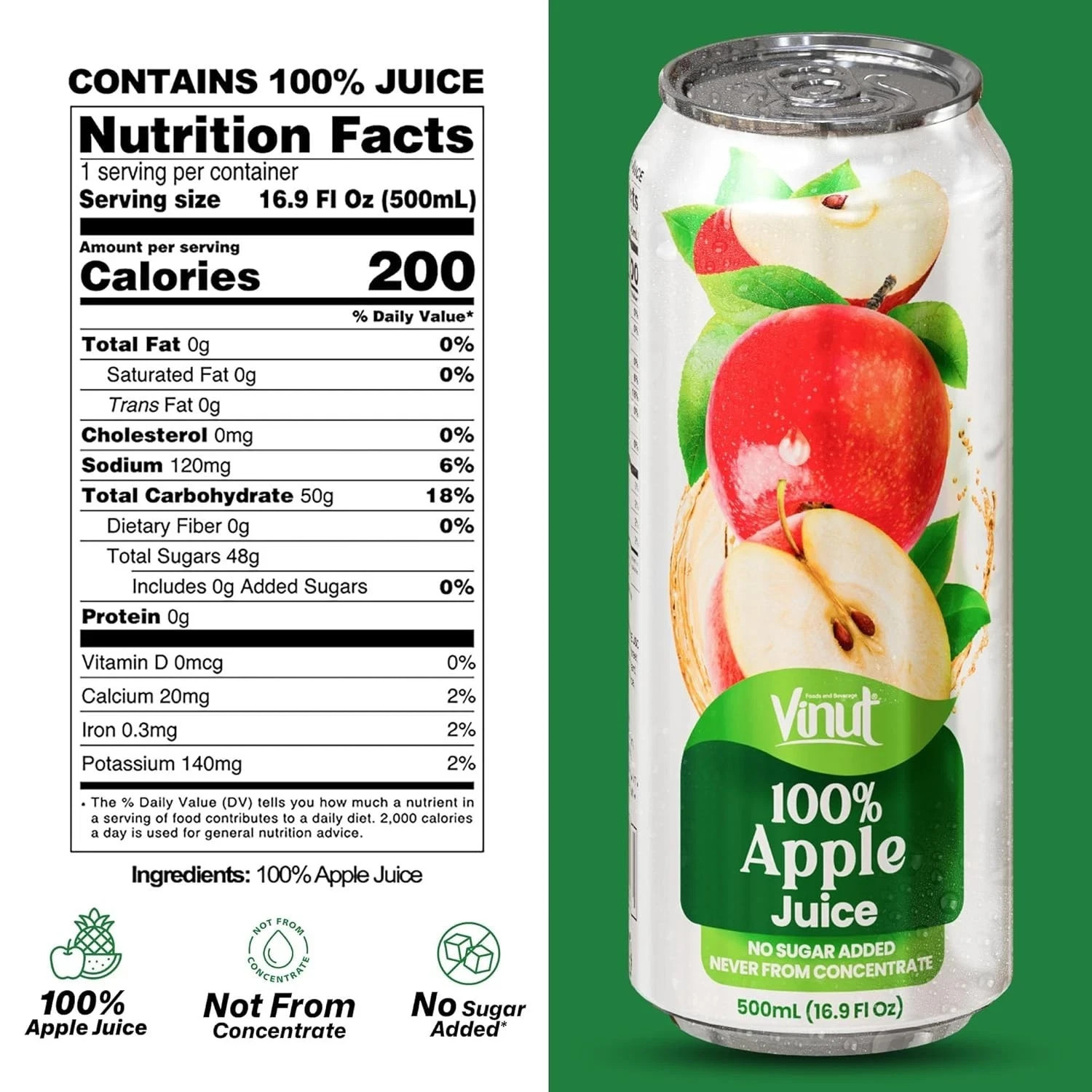 VINUT 100% Apple Juice, No Added Sugar, 12 PACK OF CANS 16.9 fl oz (500 mL)