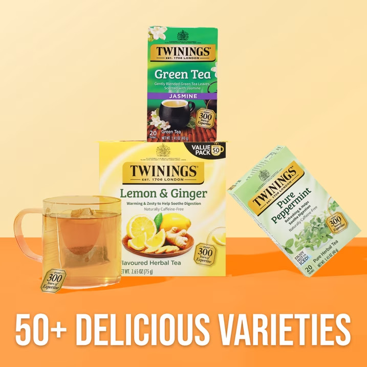 Twinings Lemon & Ginger Herbal Tea Bags, Naturally Caffeine Free, 50 Count Box