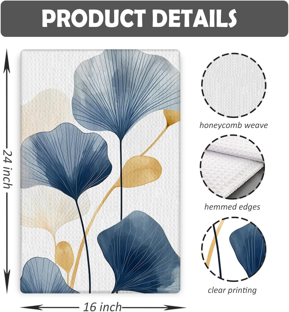 Boho Botanical Kitchen & Bath Towels – Navy & Ginkgo Leaves, Mid Century Modern