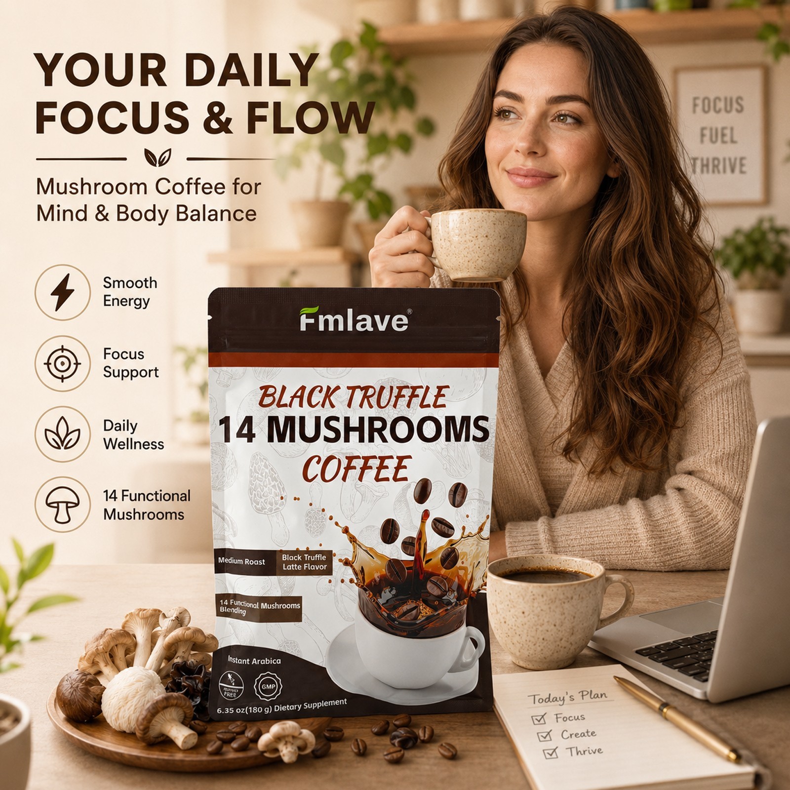 14 in 1 Mushroom Coffee Organic Instant Coffee Boost Energy Focus, Bright Smooth