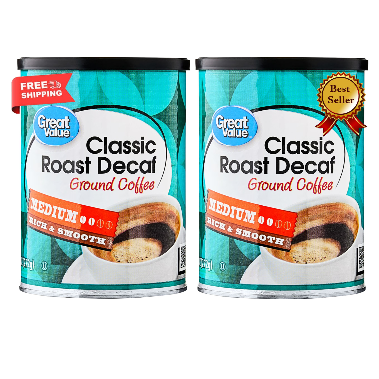 2 pack Great Value Decaf Classic Medium Roast Ground Coffee, 9.6 oz New