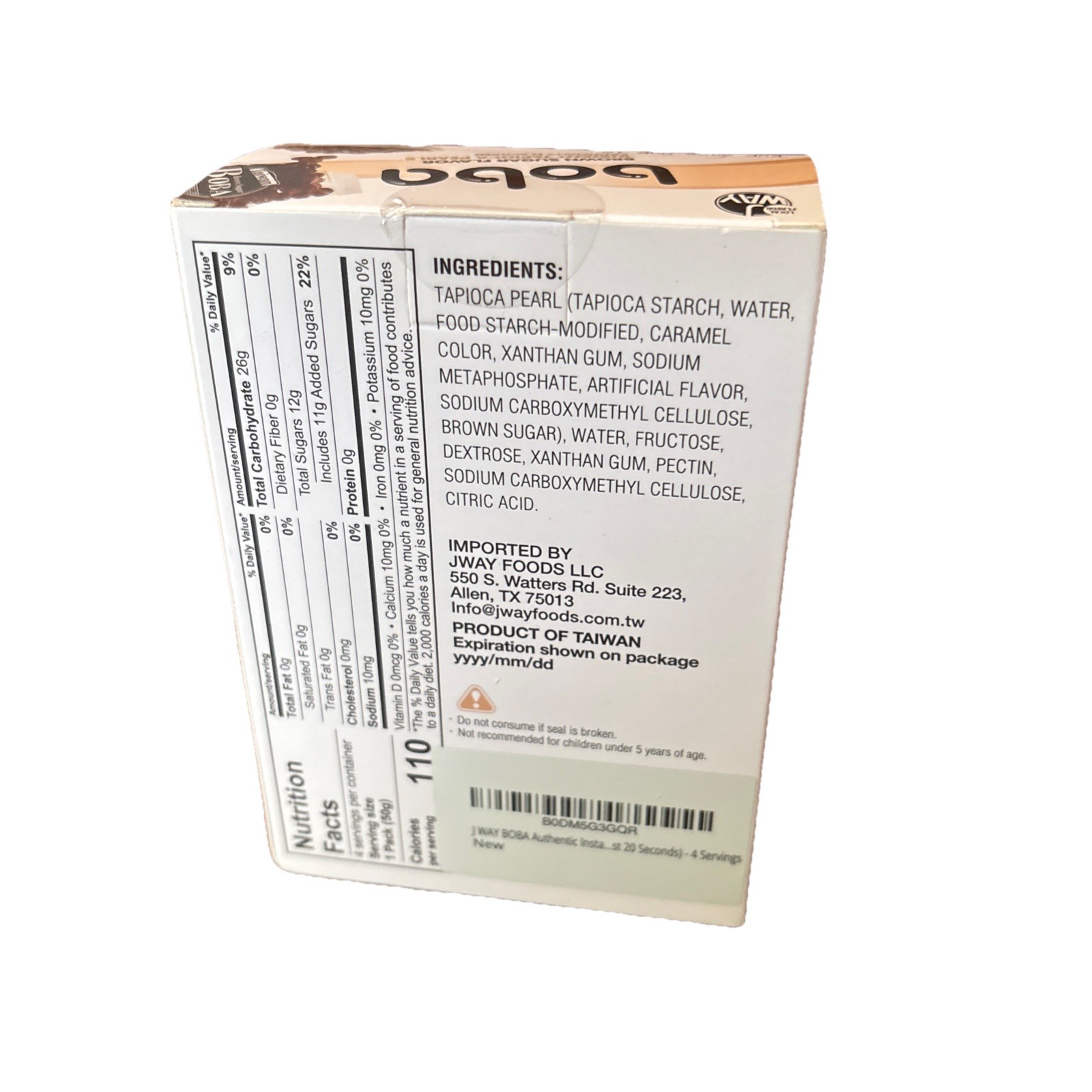 J Way Instant Boba Brown Sugar Tea (4-1.8oz packs) Drink Kit box 7.1 Oz 3/18/26