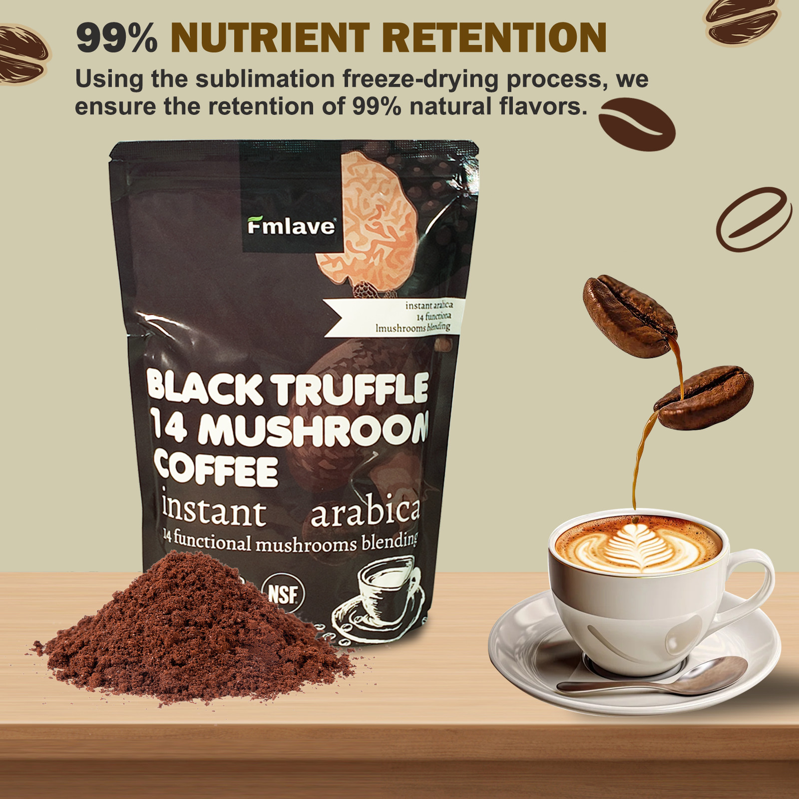Organic Mushroom Coffee Instant Coffee, 14 Mushroom Extract Energy & Brain Boost