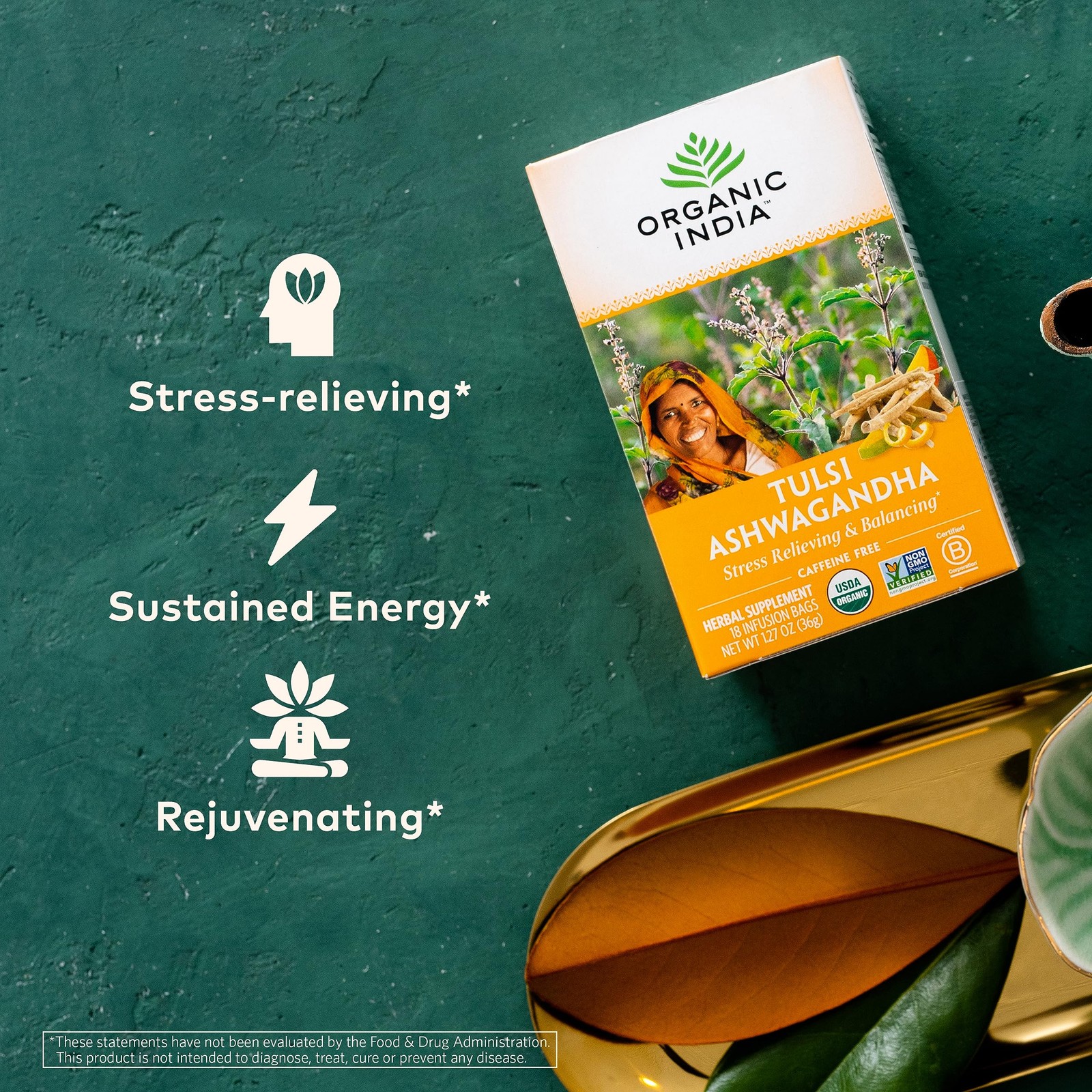 ORGANIC INDIA Calming Tulsi Ashwagandha Herbal 18 Count (Pack of 3), Natural