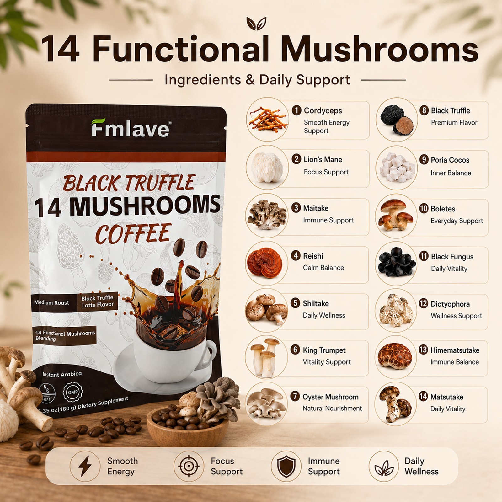 Organic Mushroom Coffee 18 Servings – 14 Mushroom Blend for Focus & Energy Boost