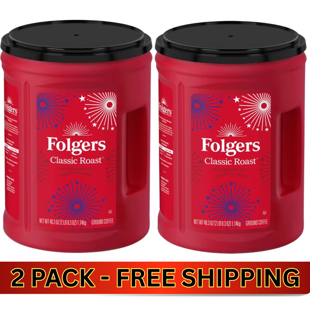 2 PACK Folgers Classic Roast Medium Roast Ground Coffee, 40.3 oz Canister