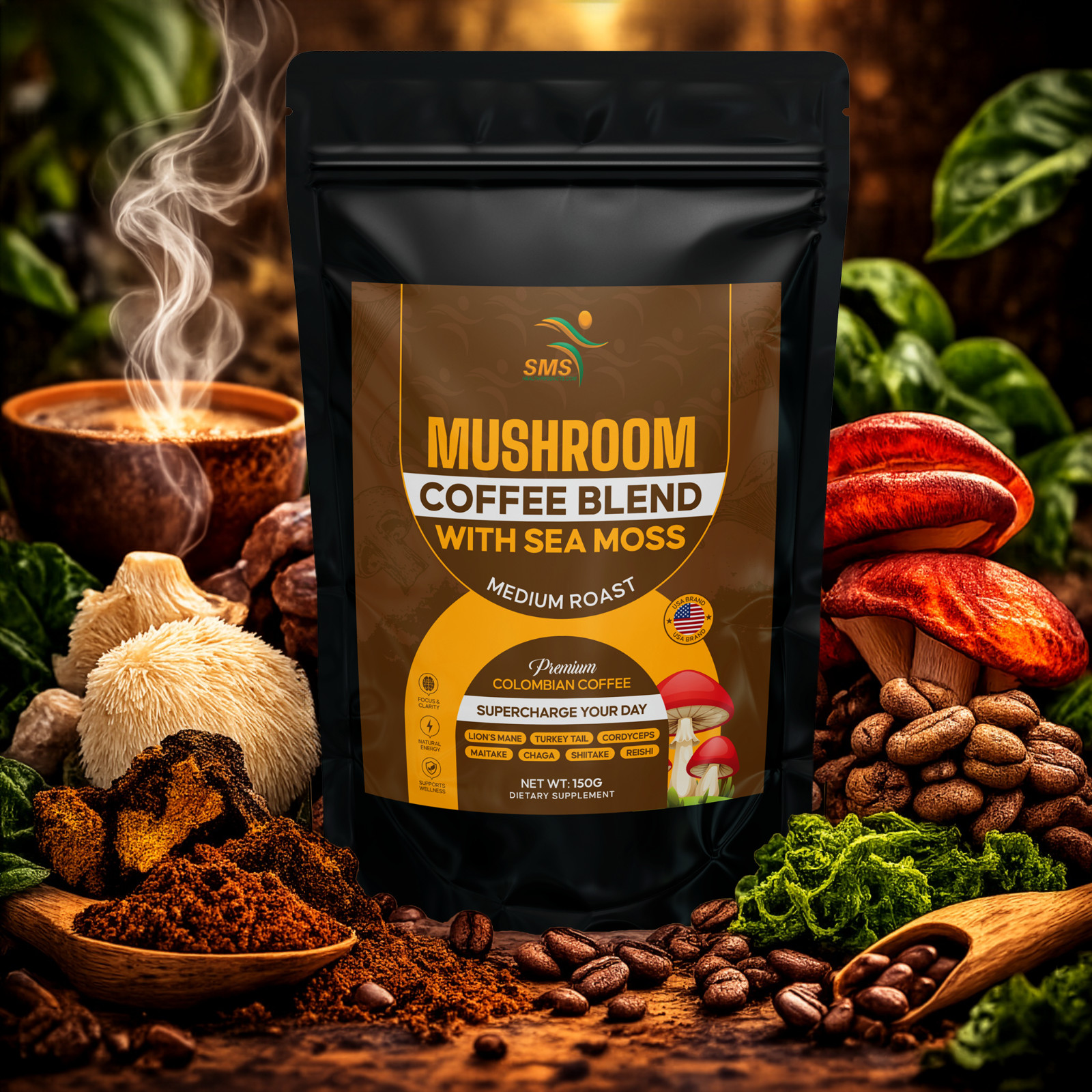 Organic Mushroom Coffee Instant Mushroom Coffee Powder Brain & Immune Boost