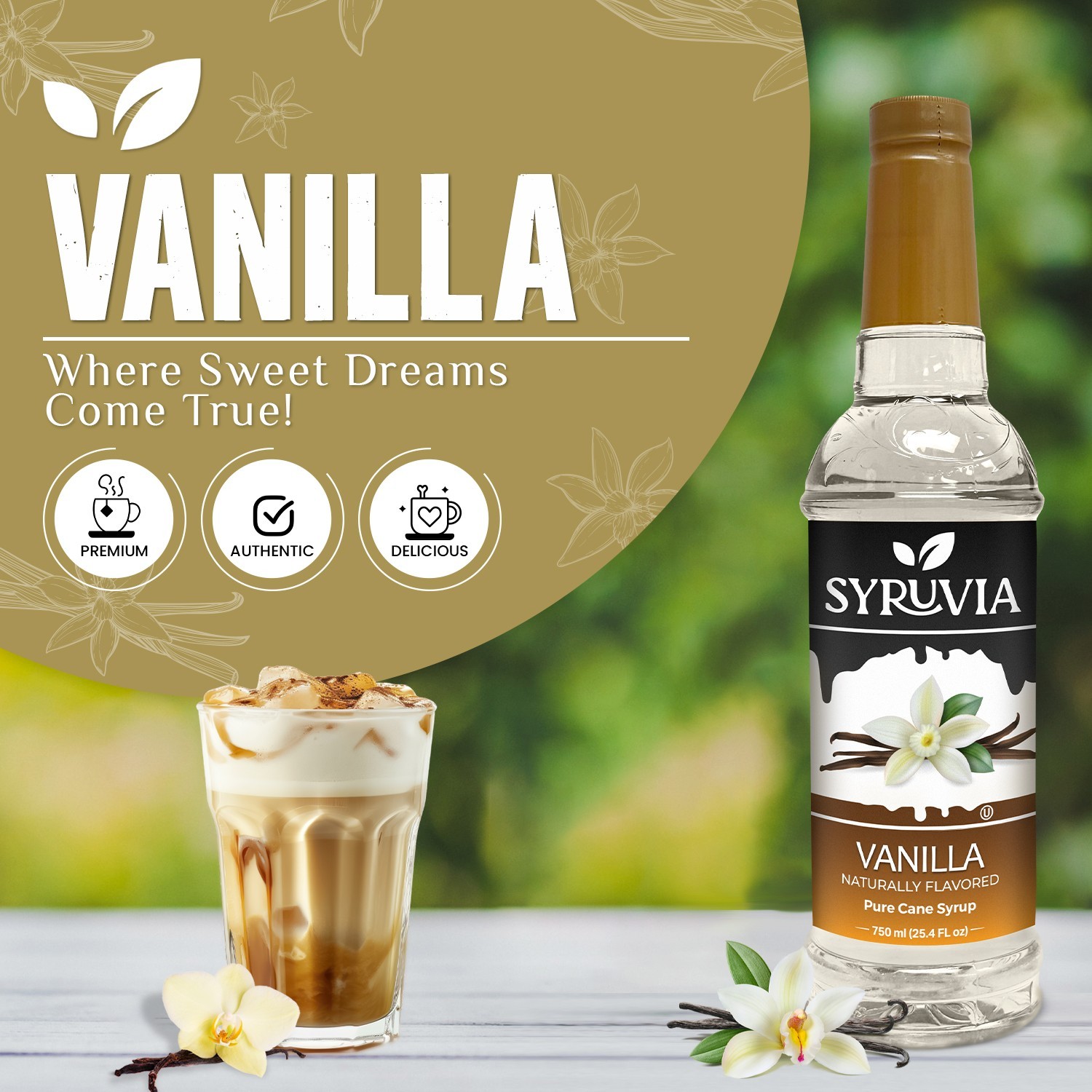Syruvia Vanilla Coffee Syrup 25.4 fl oz, Kosher, Gluten-Free, for Lattes & More