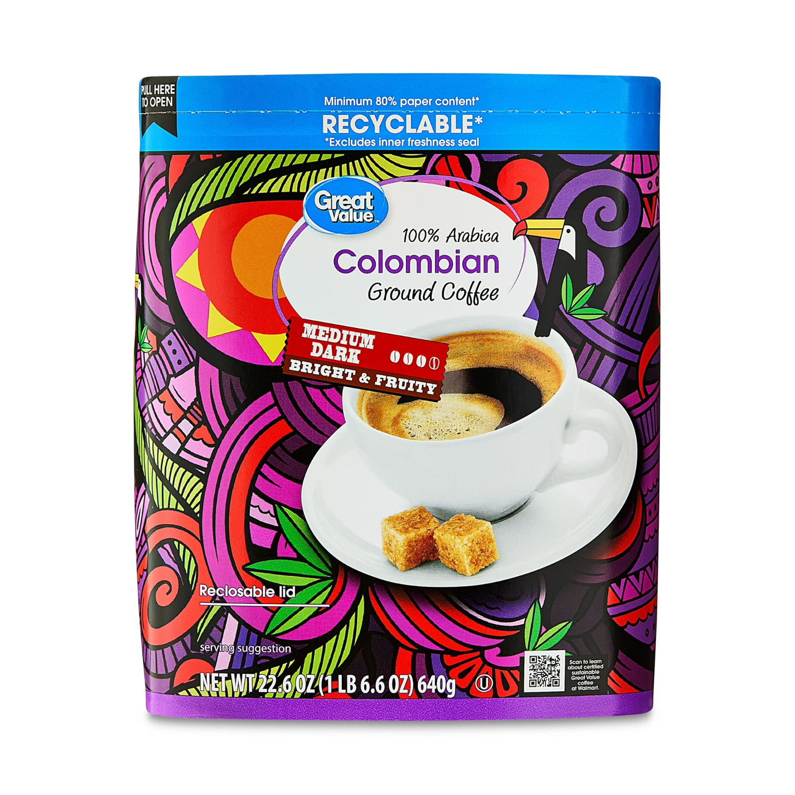 Great Value Colombian Medium Dark Roast Naturally Caffeinated Ground Coffee, 22.