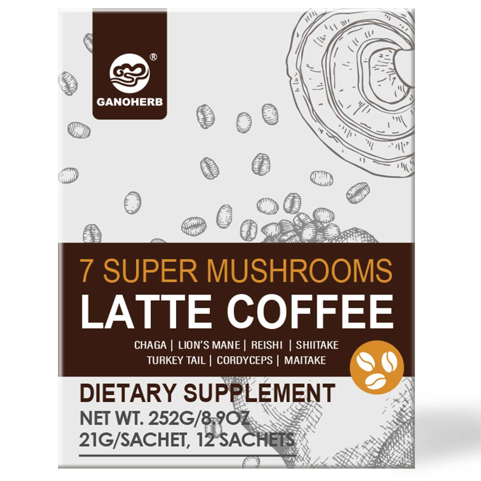7 in 1 Mushroom Coffee Mix, Instant Latte Coffee Blend, 8.9oz, 12Sachets