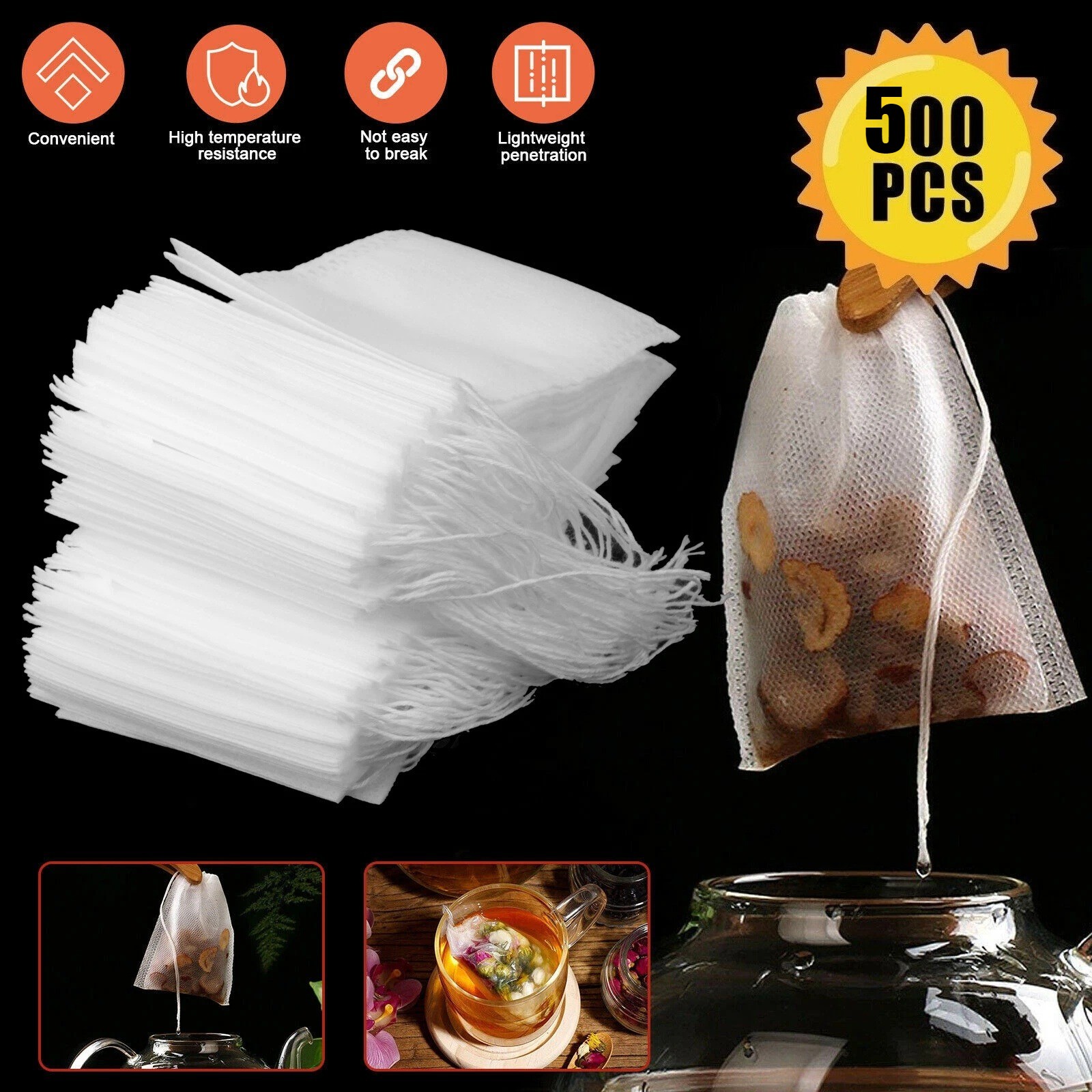 500pcs Disposable Empty Tea Bag Drawstring Seal Teabags Loose Leaf Tea Filters