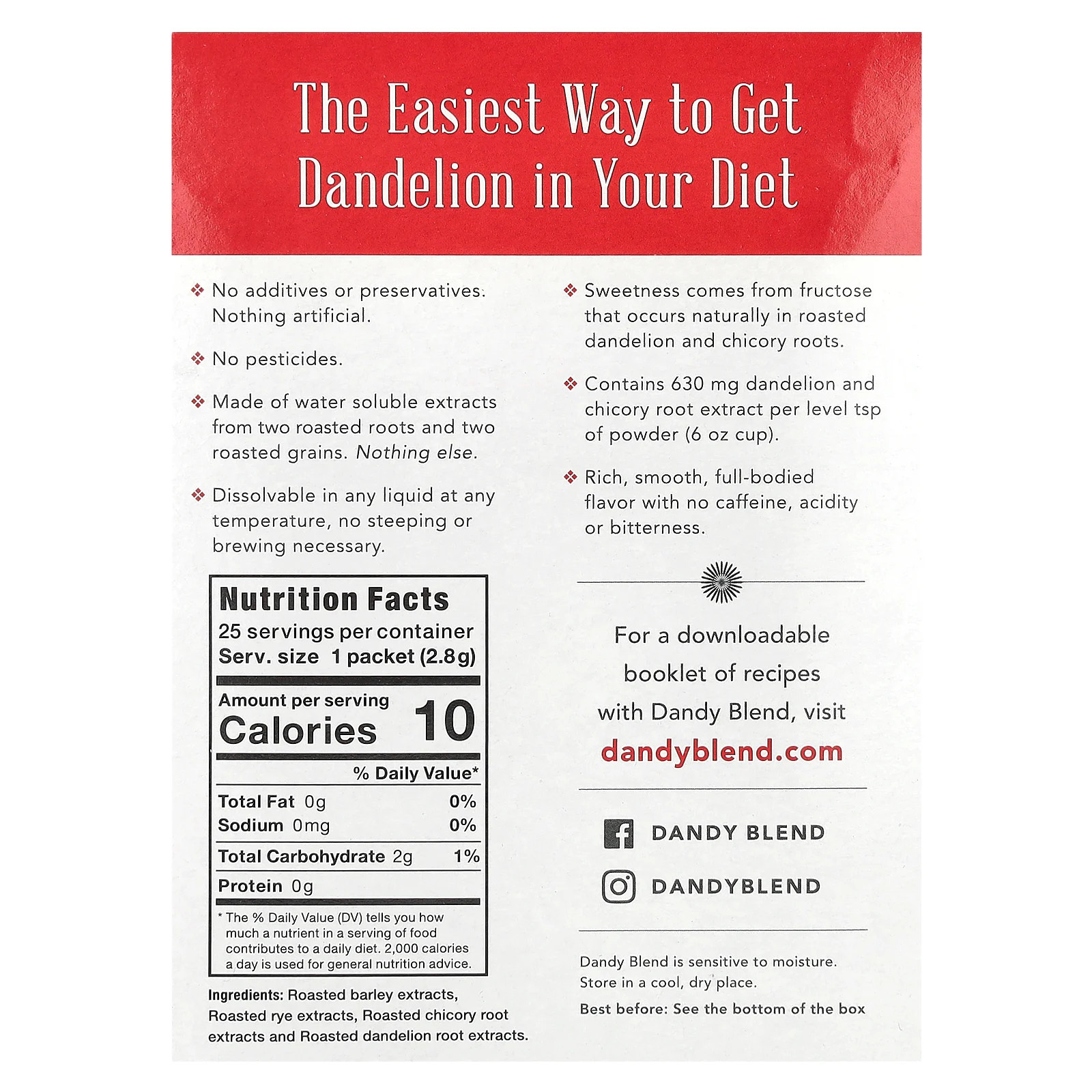 Instant Herbal Beverage with Dandelion, Caffeine Free, 25 Single Serve Packets,
