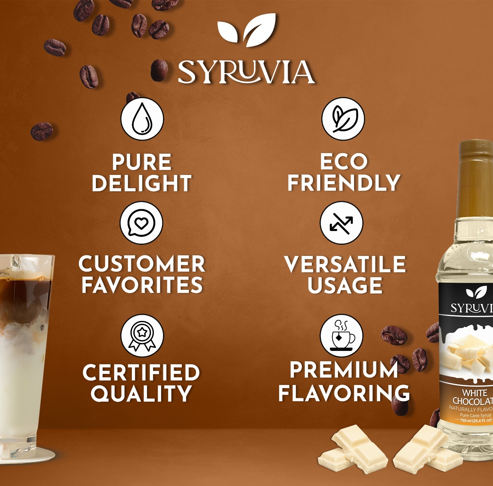 Syruvia White Chocolate Coffee Syrup 25.4 fl oz, Kosher, Gluten-Free