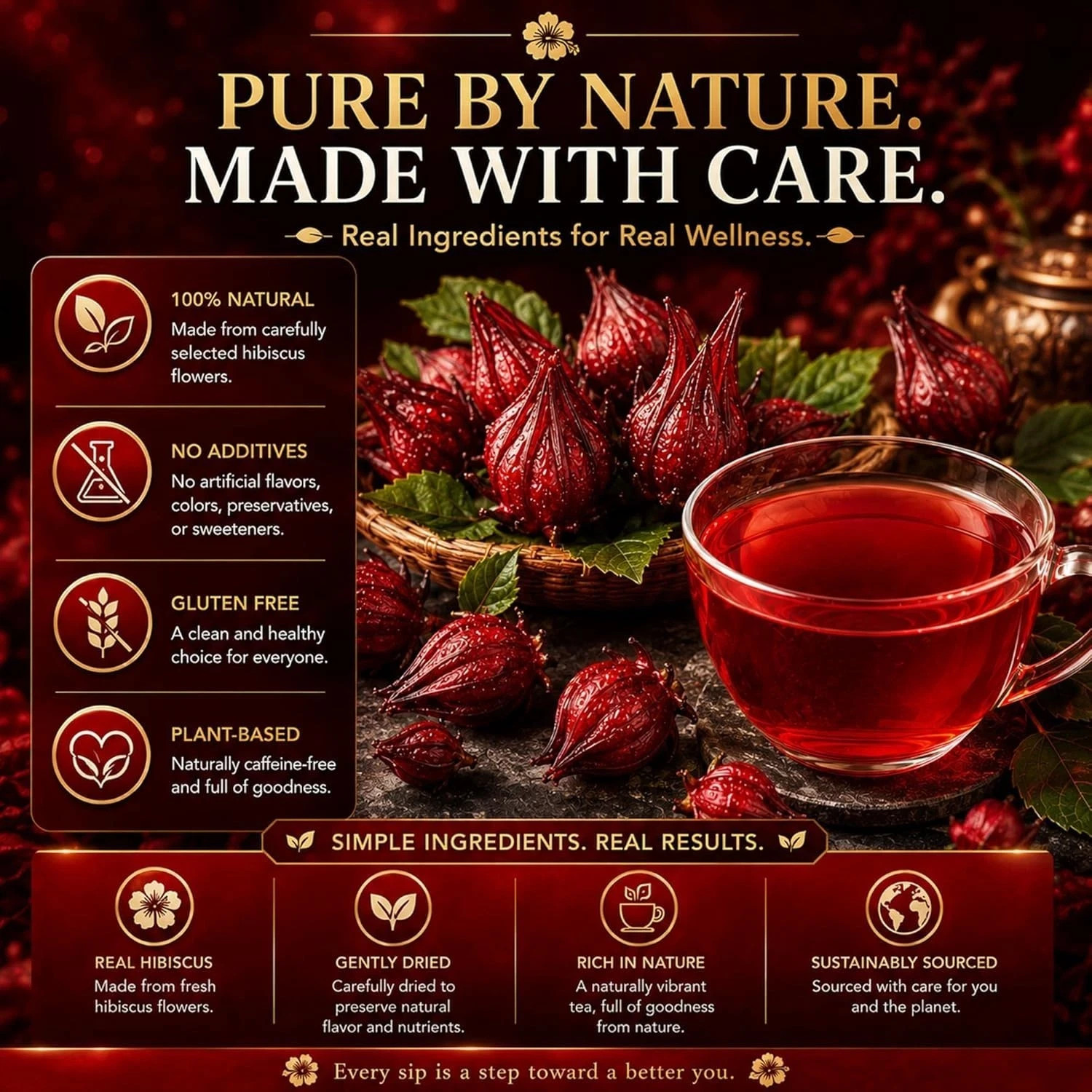 Premium 80 Hibiscus Flowers Tea Bags, 100% Natural, Handmade & Pure from Hibi