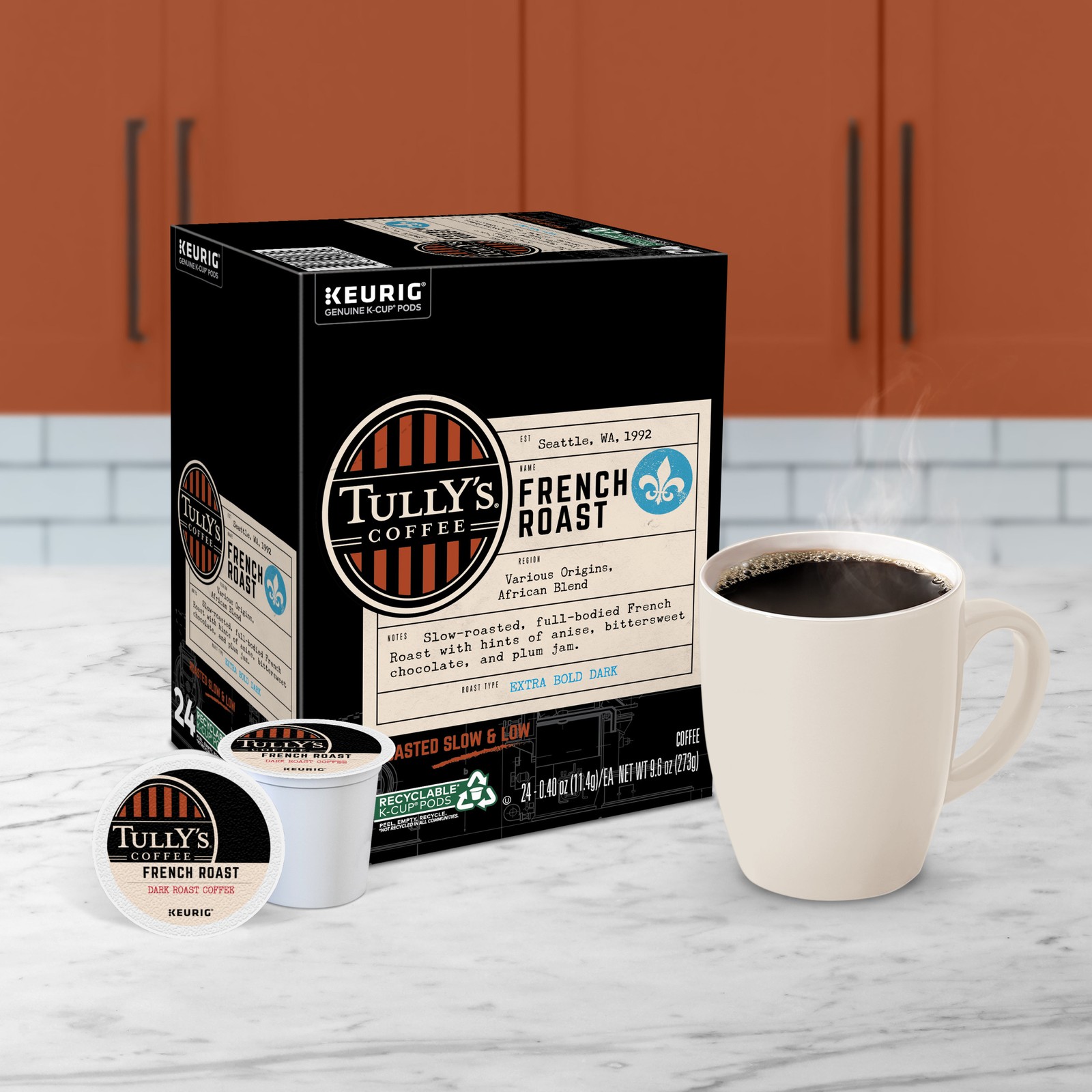 Tully’s Coffee, French Roast, Keurig K-Cup Pods, Dark Roast, 48 Count