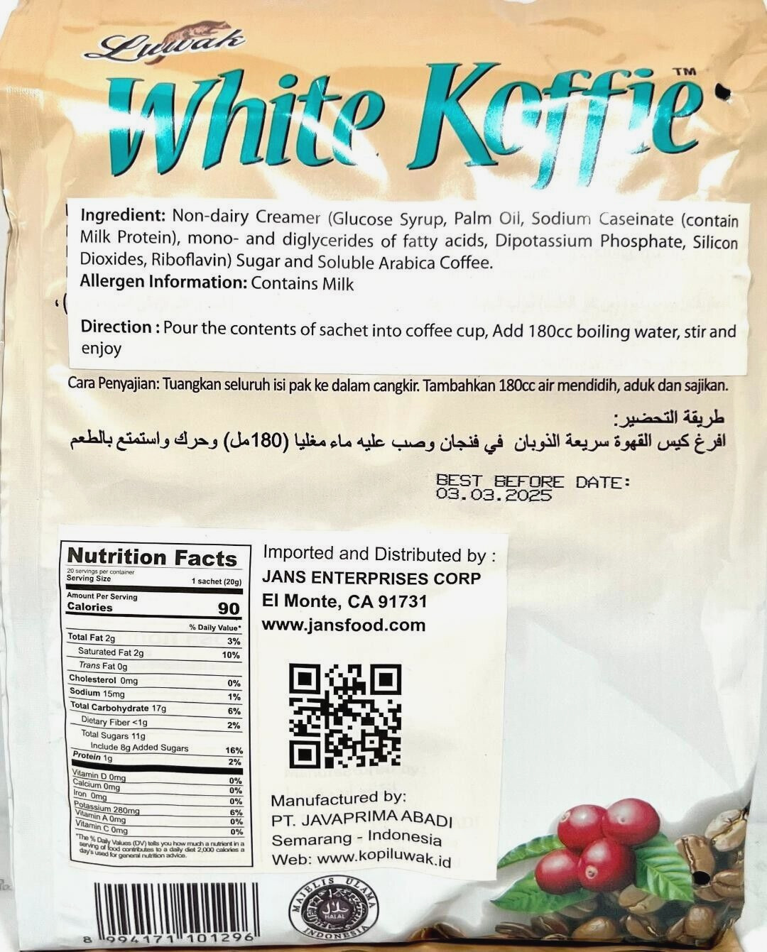 Luwak White Koffie Low Acid 3-In-1 Instant Coffee 20 Sachets x20g( Pack of 2 )