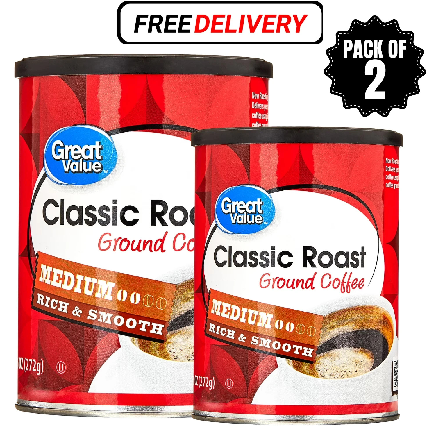 (2 PACK) Great Value Classic Roast Ground Naturally Caffeinated Coffee, 9.6 oz
