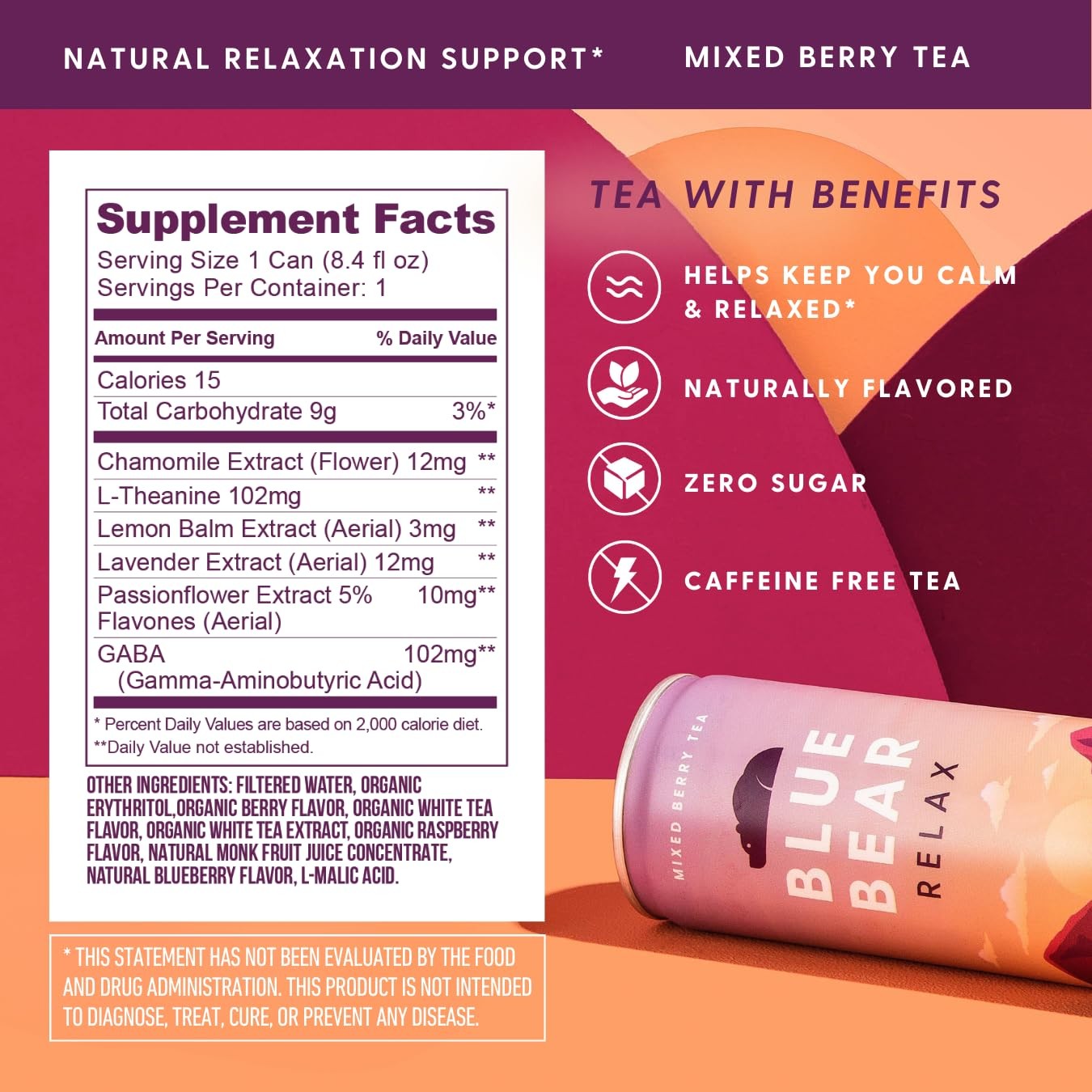 Adaptogen Drink Mixed Berry Tea, Caffeine-Free, Zero Sugar, 8.4 Fl Oz – Stress